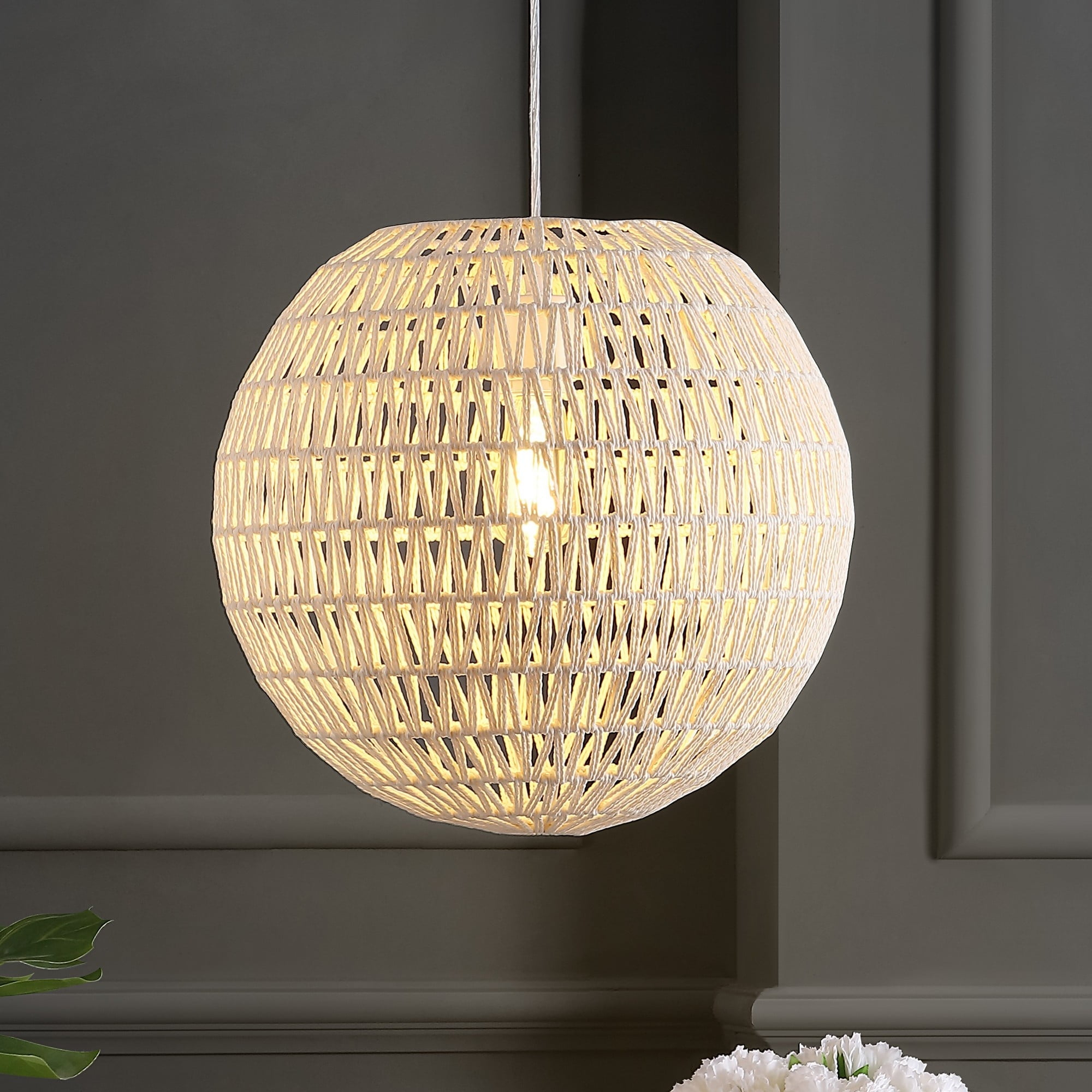 Luna 15.75" 1-Light Bohemian Modern Woven Rattan/Iron LED Pendant, Cream/White
