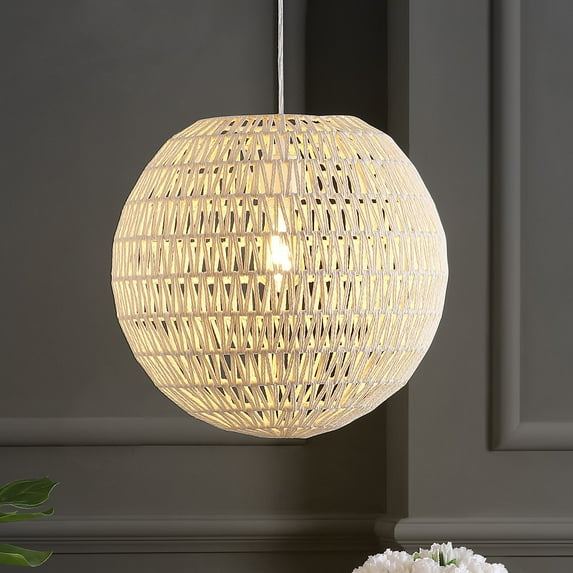 Luna 15.75" 1-Light Bohemian Modern Woven Rattan/Iron LED Pendant, Cream/White