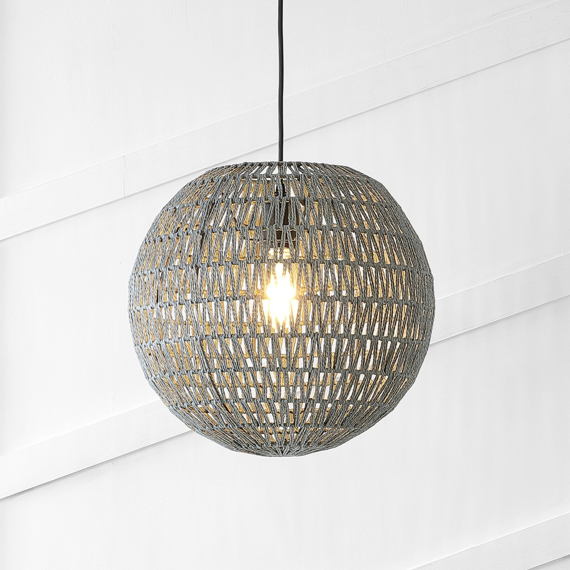 Luna 15.75" 1-Light Bohemian Modern Woven Rattan/Iron LED Pendant, Grey/Black