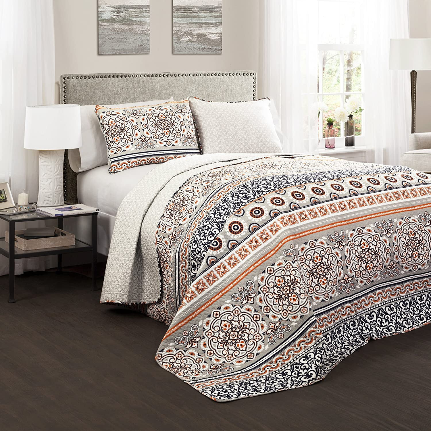 Lush Décor Nesco Quilt Set Striped Pattern Reversible 3 Piece Bedding Set - Navy/Coral - Full/Queen Quilt Set