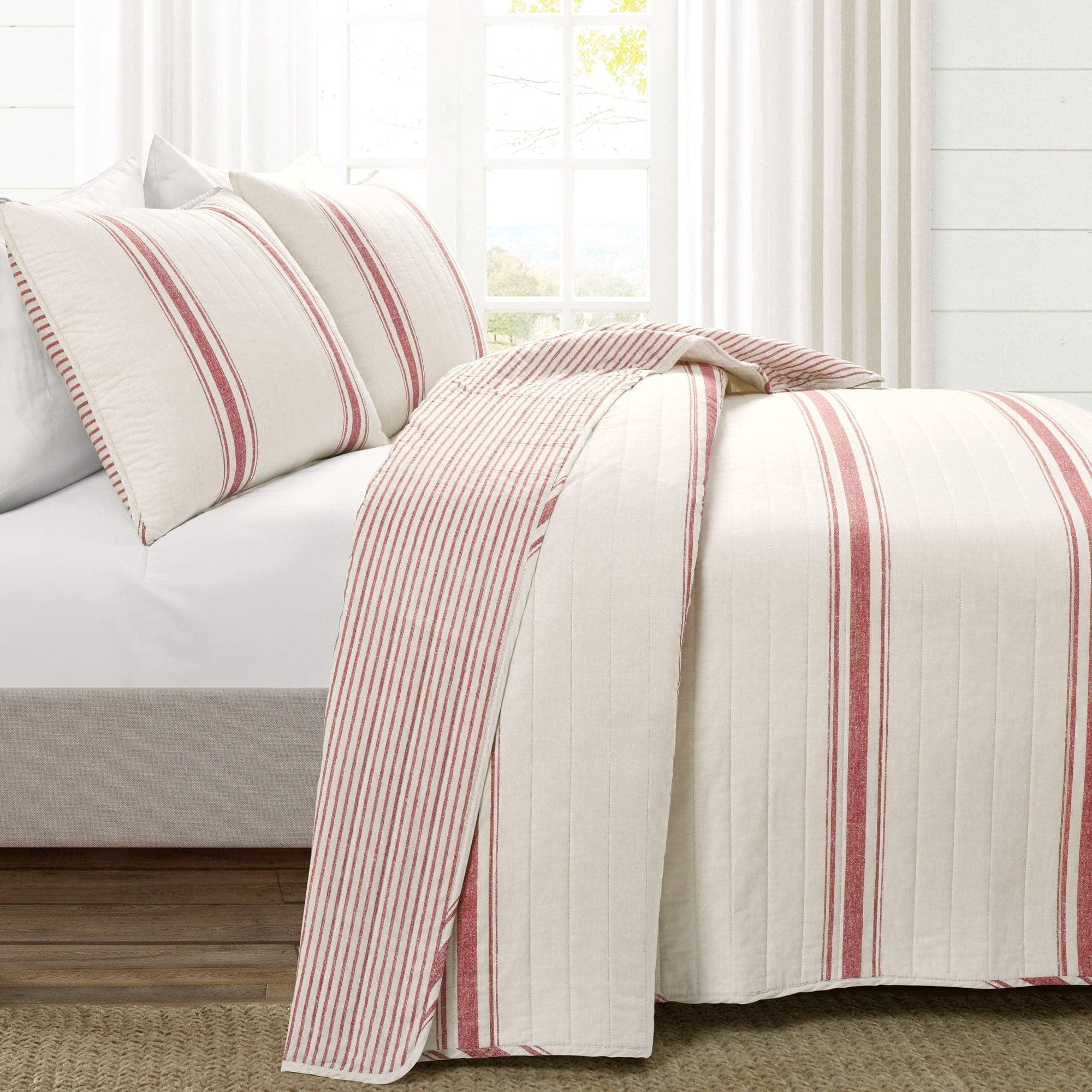 Lush Decor Farmhouse Stripe Cotton Reversible Quilt, King, Red, 3-Pc Set