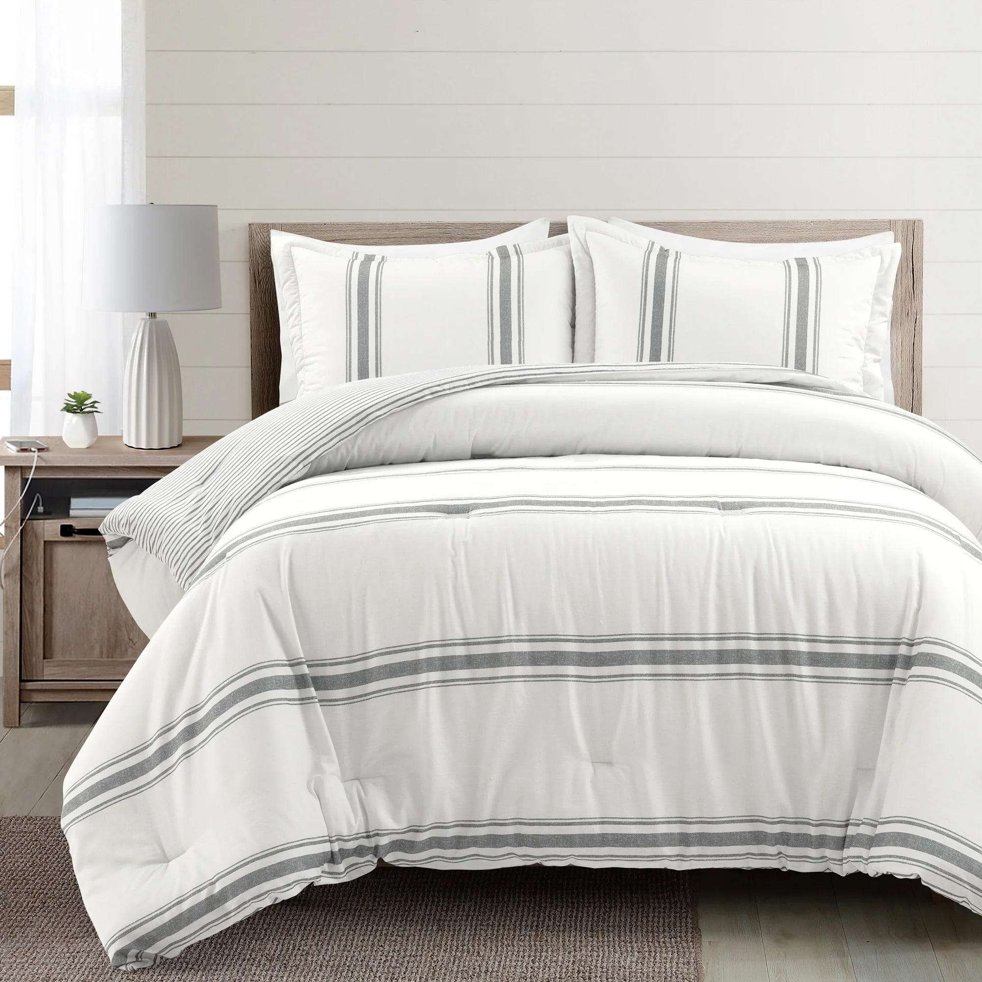 Lush Decor Farmhouse Stripe Reversible Cotton Comforter Dark Gray 3Pc Set Full/Queen