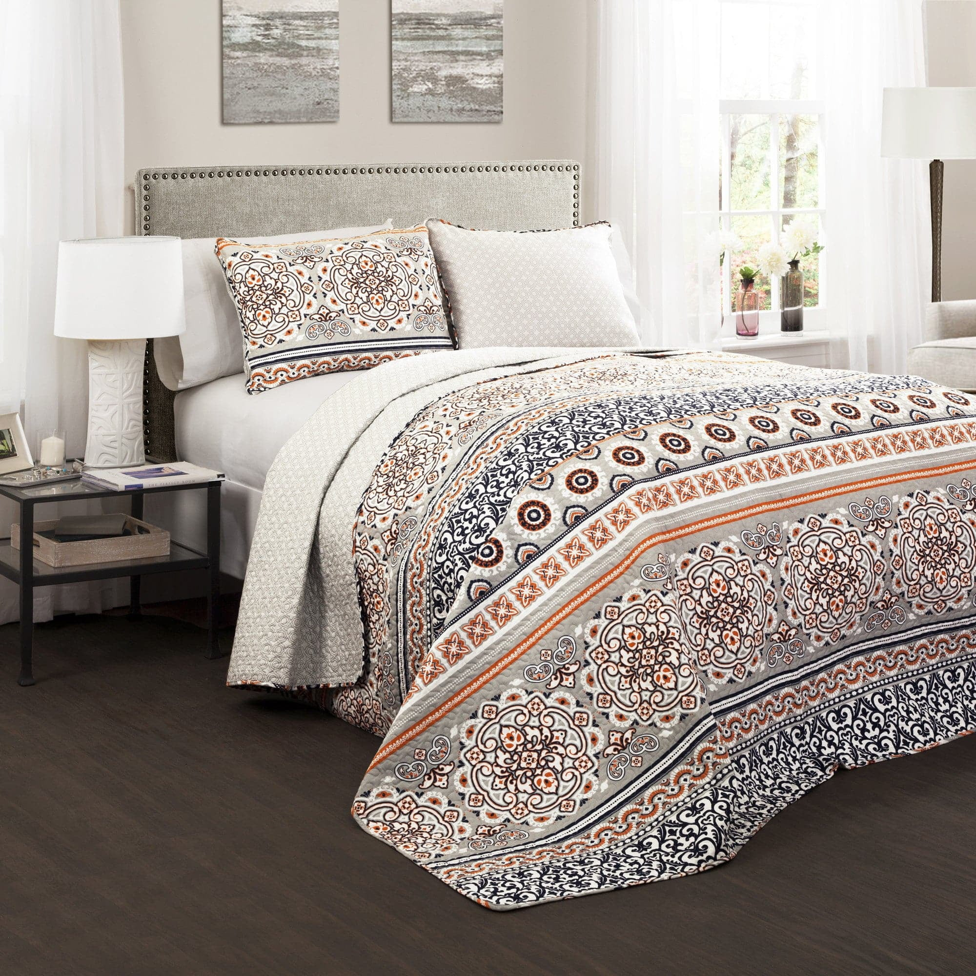 Lush Décor Nesco Quilt Set Striped Pattern Reversible 3 Piece Bedding Set - Navy/Coral - Full/Queen Quilt Set