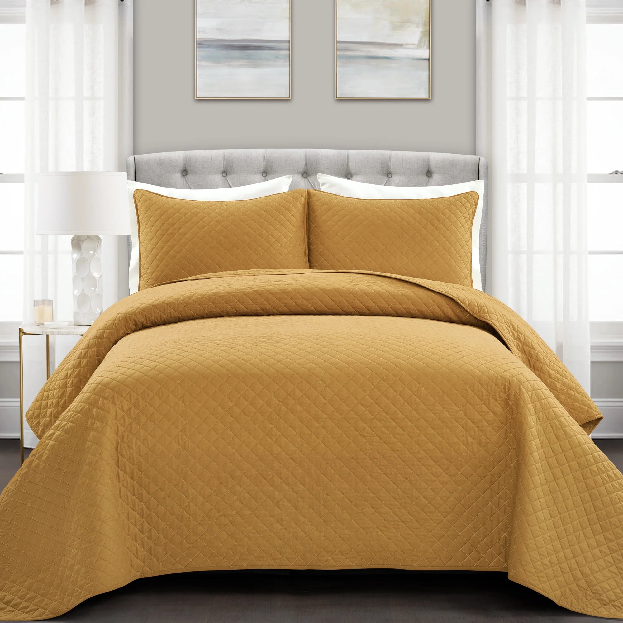 Lush Decor Solid Print Cotton Quilt Sets, Full/Queen, Yellow, 3-Pieces