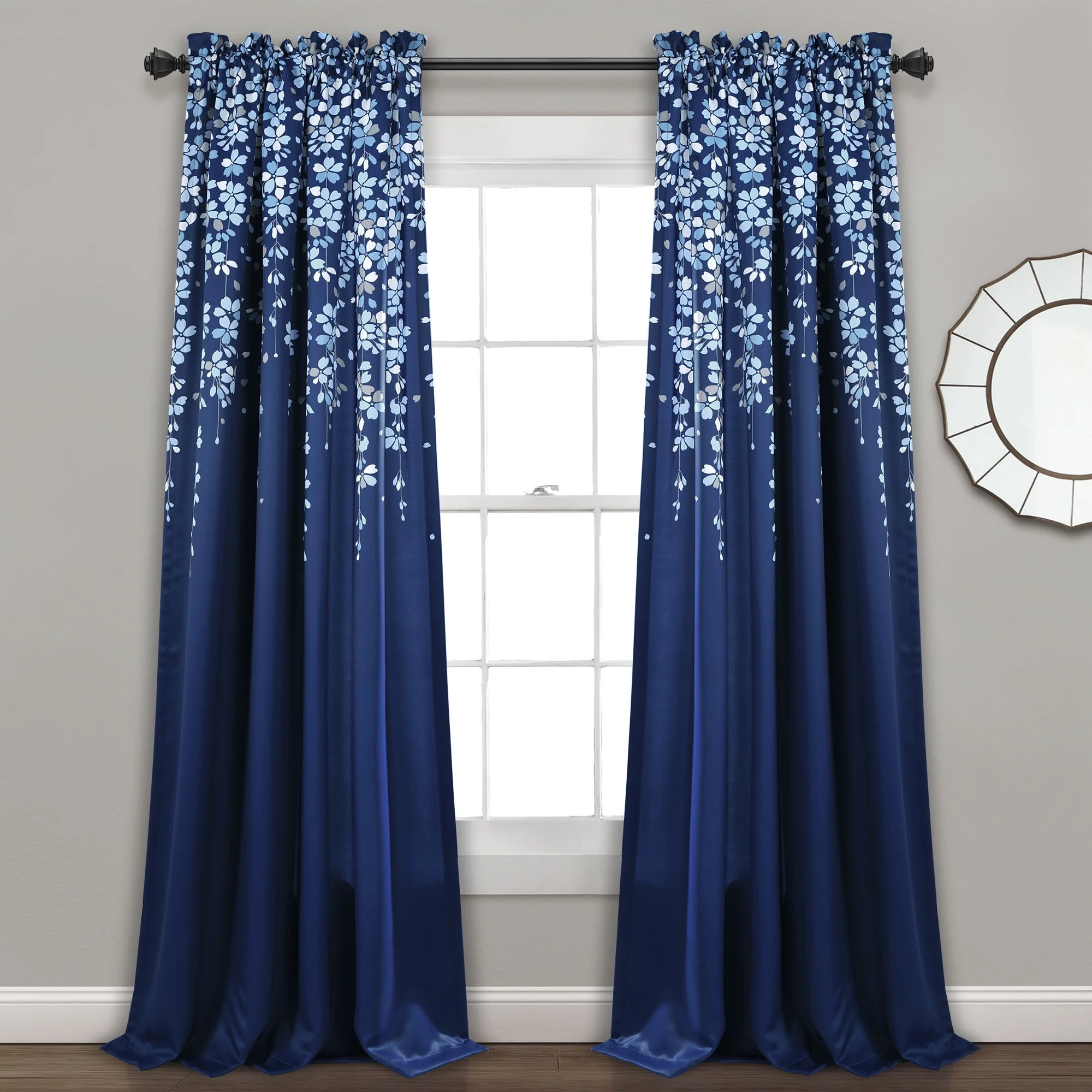 Lush Decor Weeping Flower Bright Colorful Floral Print 3" Rod Pocket Room Darkening Window Curtain Panel, Navy, 95"L x 52"W + 2" Header, Set of 2