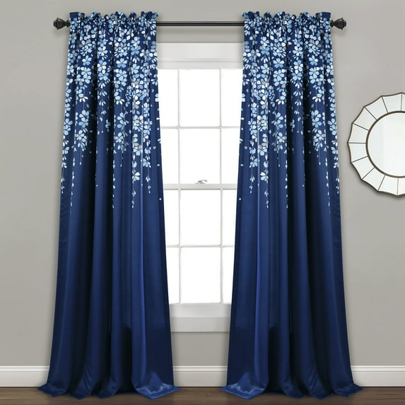 Lush Decor Weeping Flower Bright Colorful Floral Print 3" Rod Pocket Room Darkening Window Curtain Panel, Navy, 95"L x 52"W + 2" Header, Set of 2