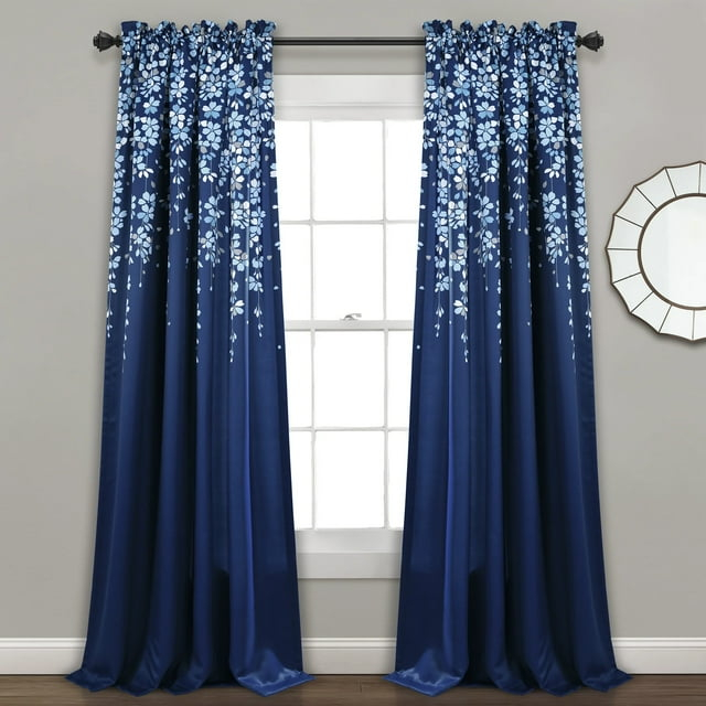 Lush Decor Weeping Flower Bright Colorful Floral Print 3" Rod Pocket Room Darkening Window Curtain Panel, Navy, 95"L x 52"W + 2" Header, Set of 2