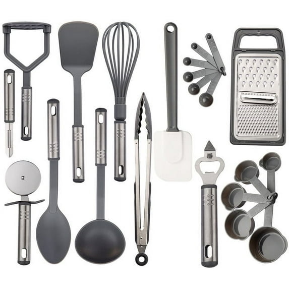 Lux Decor Collection 23 Pieces Cooking Utensils Set, Kitchen Utensils Sets of Nylon and Stainless Steel Utensils Set Pack of 1, Gray Utensils Set