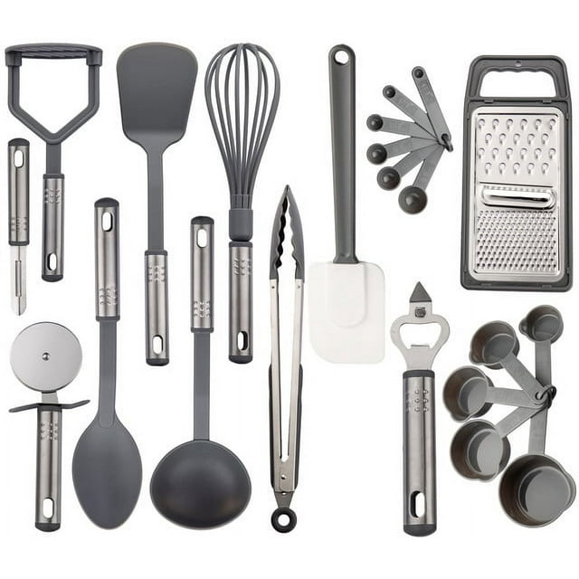 Lux Decor Collection 23 Pieces Cooking Utensils Set, Kitchen Utensils Sets of Nylon and Stainless Steel Utensils Set Pack of 1, Gray Utensils Set