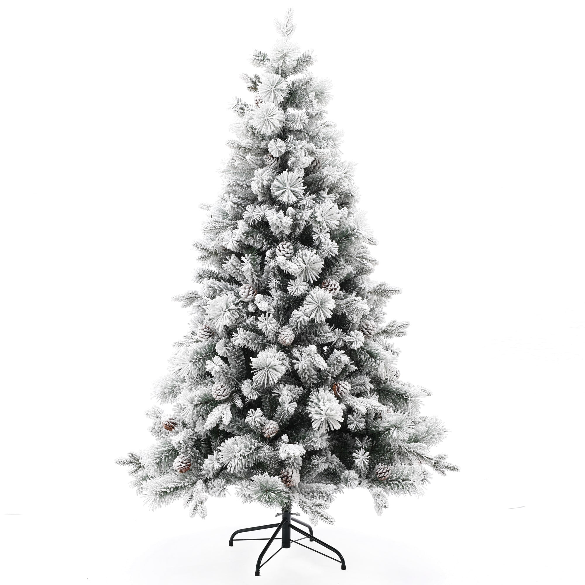 LuxenHome 6Ft Artificial Flocked Full Pine Christmas Tree with Pine Cones