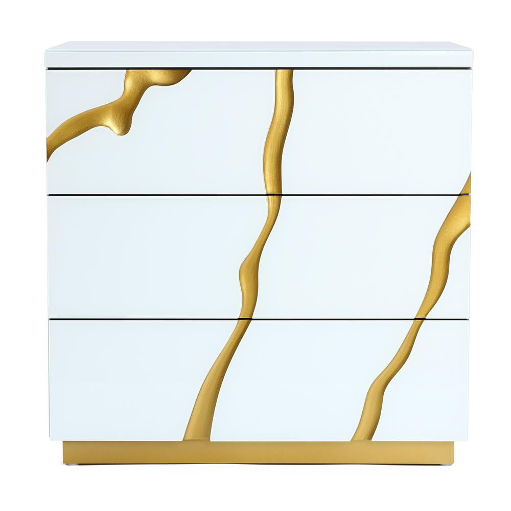 LuxenHome Modern White with Gold Ribbon 31.5" Tall 3-Drawer Bachelor Chest