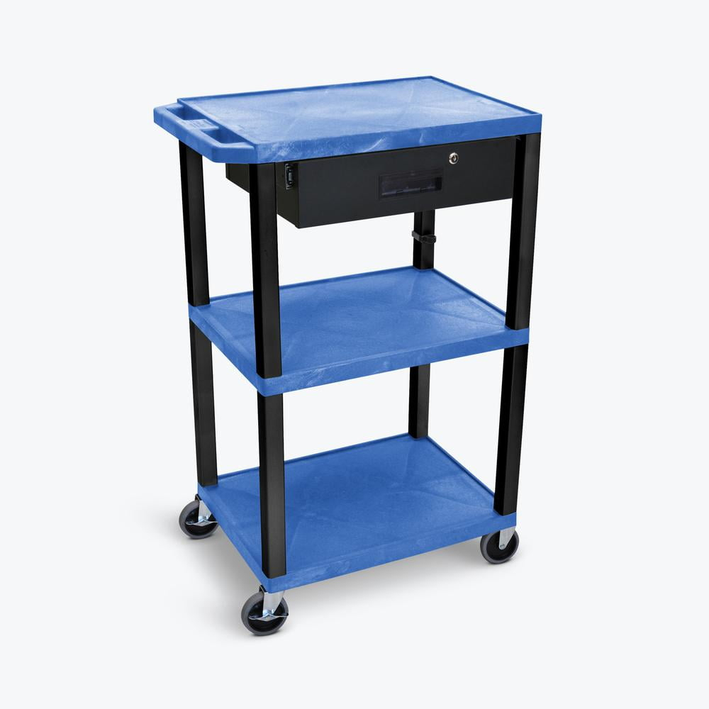 Luxor 18" x 24" Tuffy Three Shelf Flat Utility Cart With Locking Drawer - Blue With Black Legs
