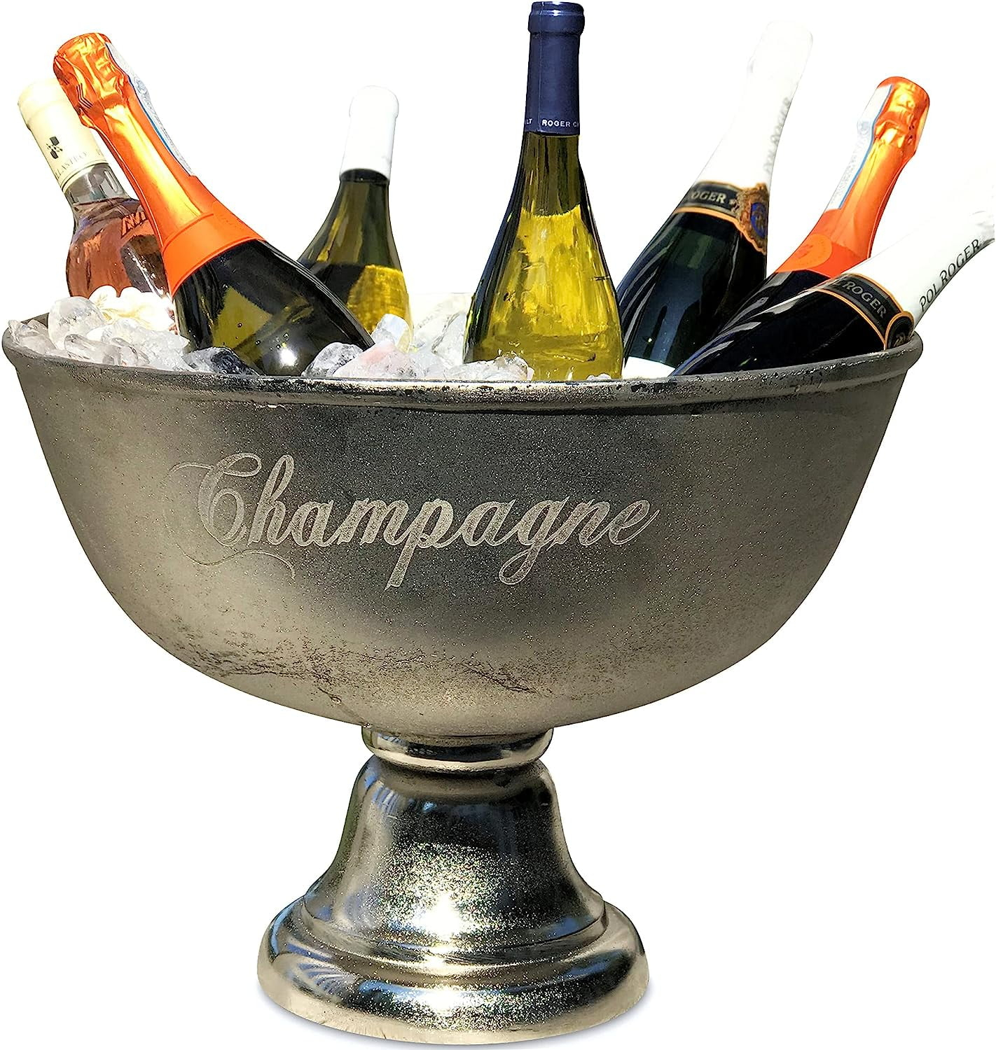 Luxury Champagne Ice Bucket, Elegant Script Text Details, Hand Cast, Silver Aluminum, 18.5 inches