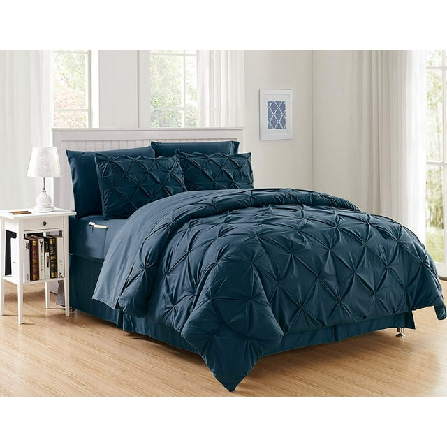 Luxury Goose Down Alternative 8PC Comforter Set - All Season Pintuck Style , King/Cal King, Navy