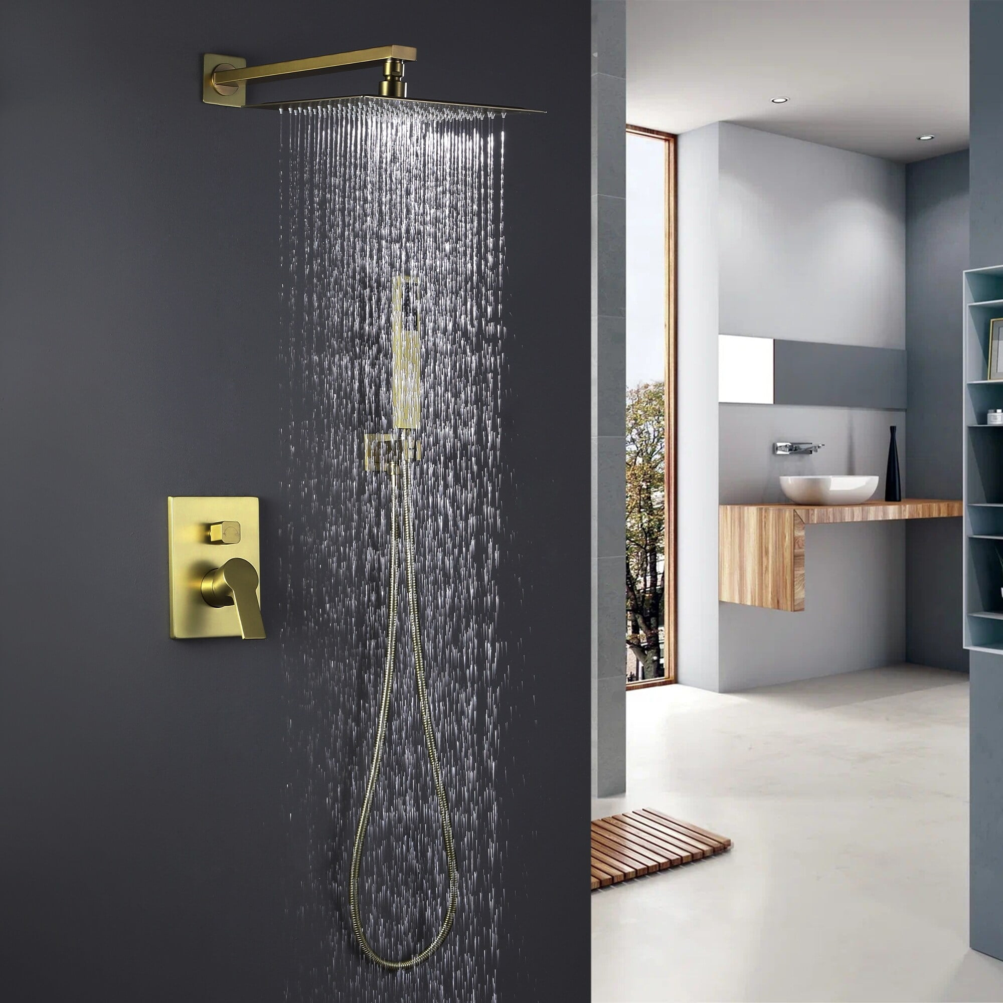 Luxury High-pressure Rain Shower Head Gold with Handheld Spray and Hose