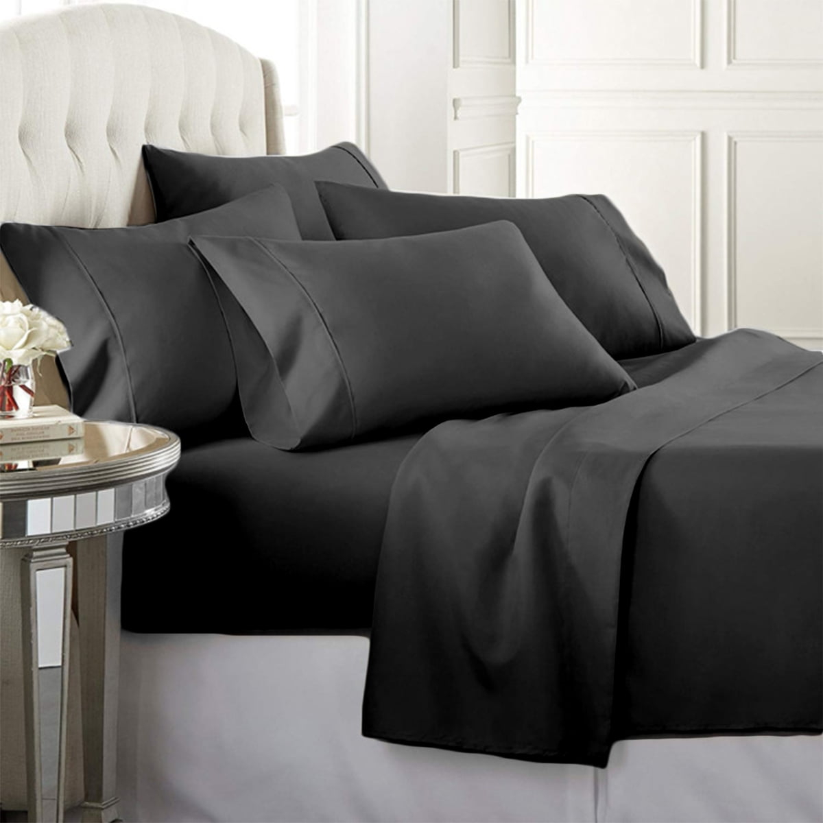 Luxury Home 6-Piece 1600 Thread Count Black Microfiber, Bed Sheet Set Queen Deep Pocket