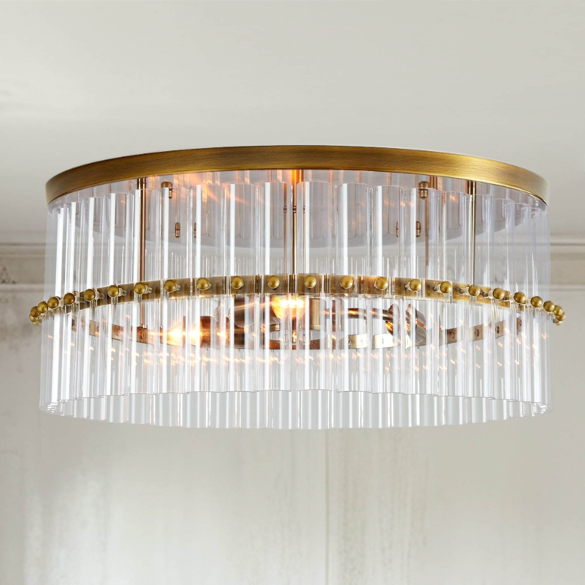 Luxury Round Antique Brass Metal with Tube Crystal 18 Inch Semi Flush Mount, Unique Elegant Ceiling Light, Hand-polished Close to Ceiling Light, Flush Mount Light for Living Room, Dining Room, Bedroo