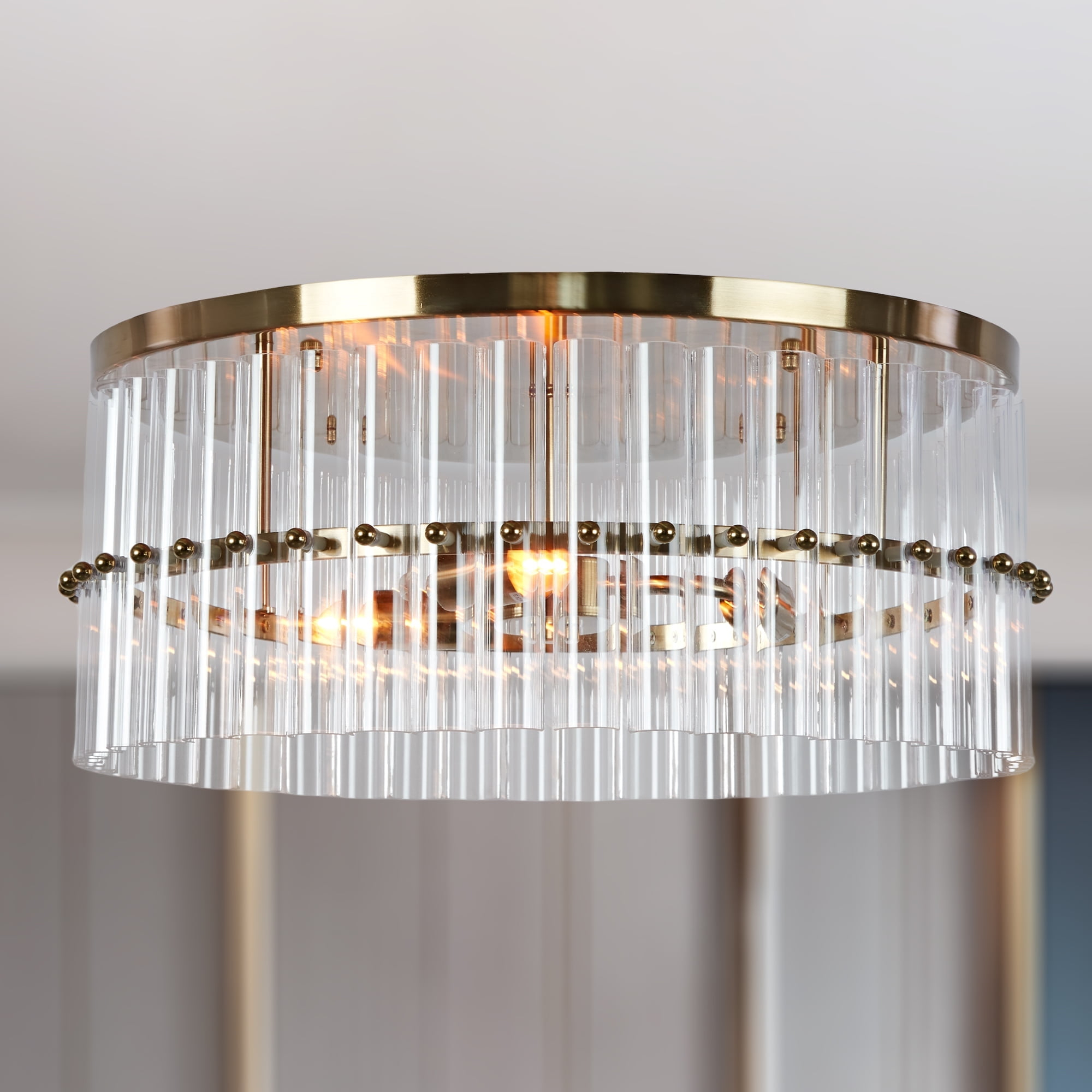 Luxury Round Antique Brass Metal with Tube Crystal 18 Inch Semi Flush Mount, Unique Elegant Ceiling Light, Hand-polished Close to Ceiling Light, Flush Mount Light for Living Room, Dining Room, Bedroo