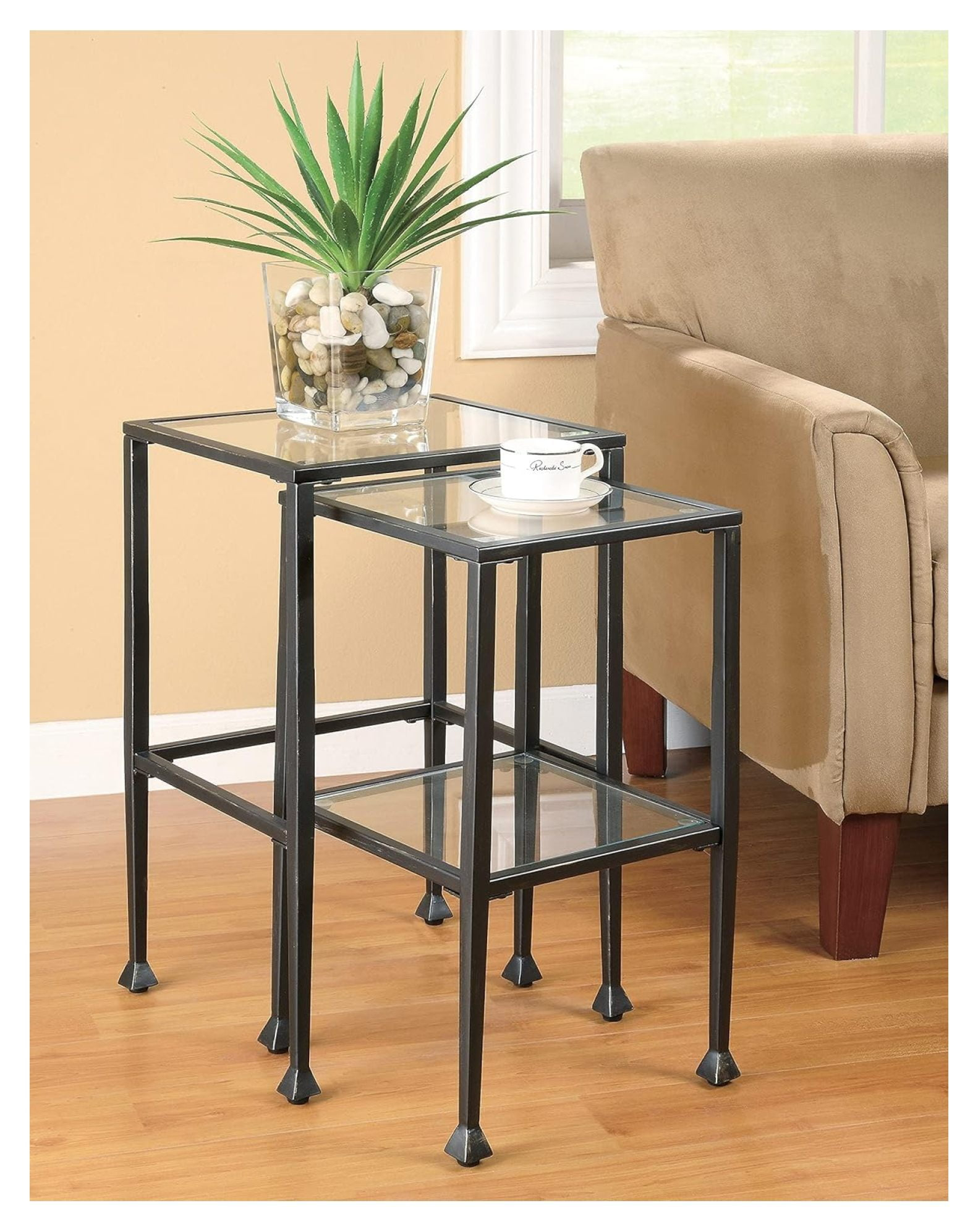 2-piece Glass Top Nesting Tables Black