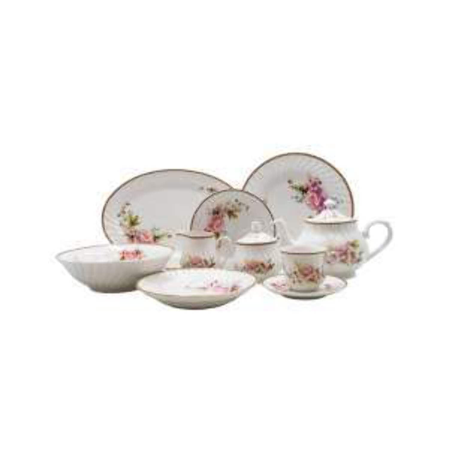 Lynns Paradise Timeless Rose Floral 45-Piece Dinnerware Set, Service for 8, Pink; 24K Gold Trim, Embossed Swirl, Colorful Floral Print, Porcelain