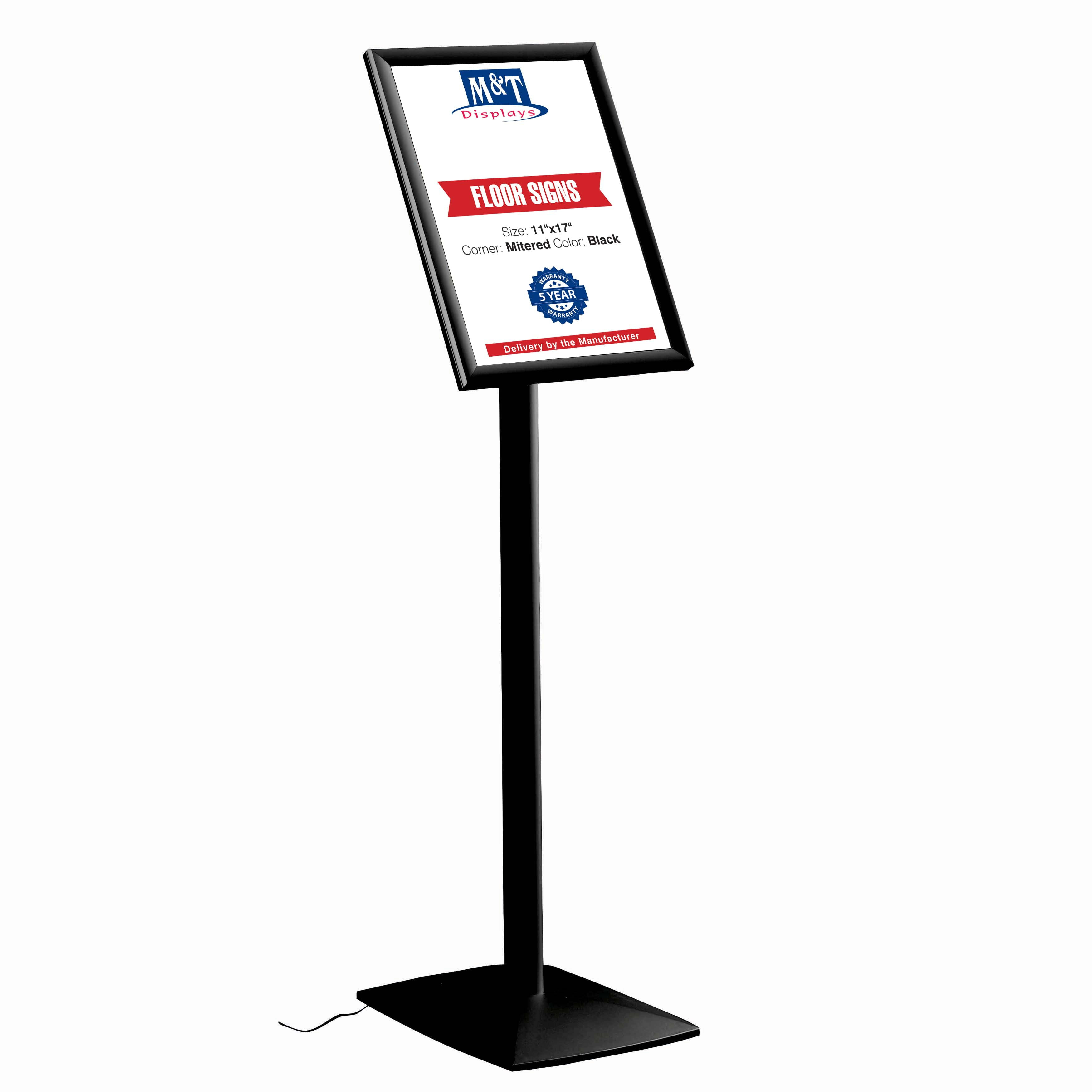 M&T Displays Flexible Sign Holder LED Box Fixed Height, Illuminated Pedestal Poster Stand Menu Post 11x17 Inch Black Aluminum Easy Front Loading Snap Frame Anti Glare PET Cover Steel Black Metal Base