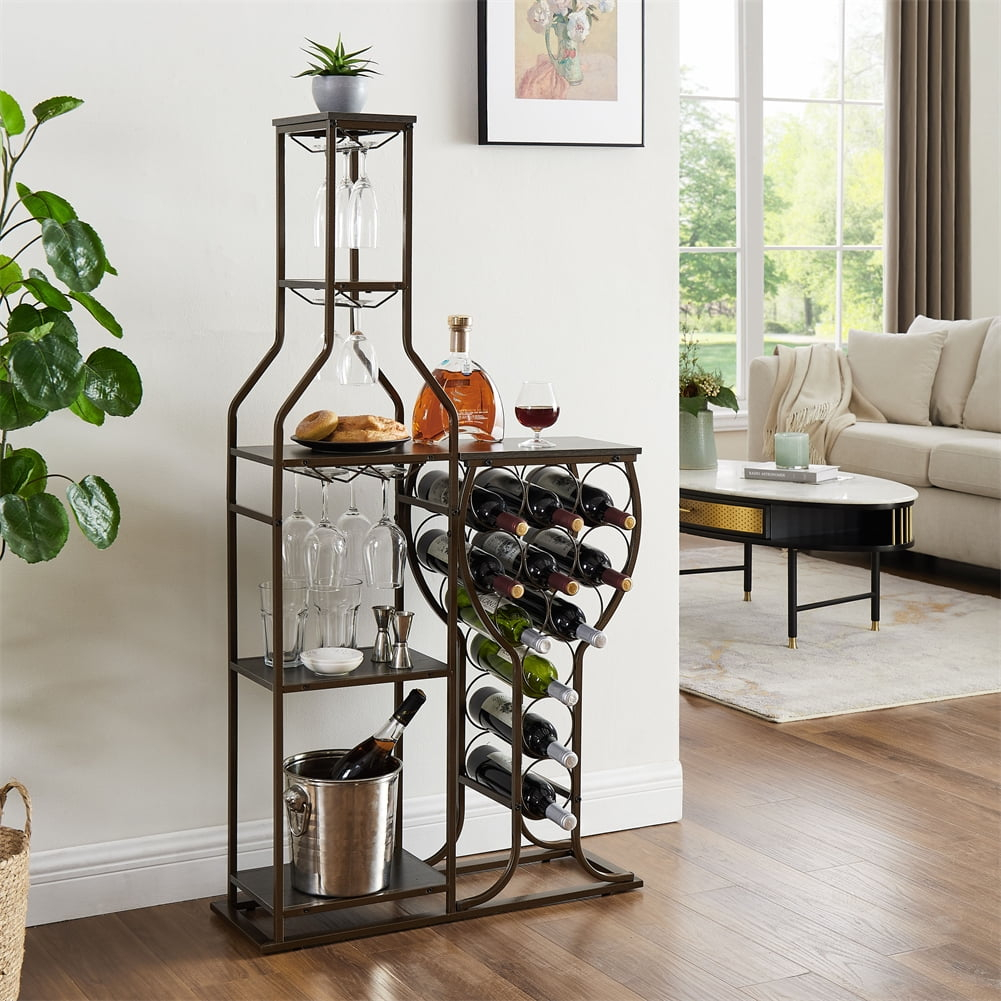 LoLado 11 Bottle Wine Bakers Rack, 5 Tier Freestanding Wine Rack with Hanging Wine Glass Holder and Storage Shelves, Wine Storage Home Bar for Liquor and Wine Storagefor Kitchen, Dining Room, Brown