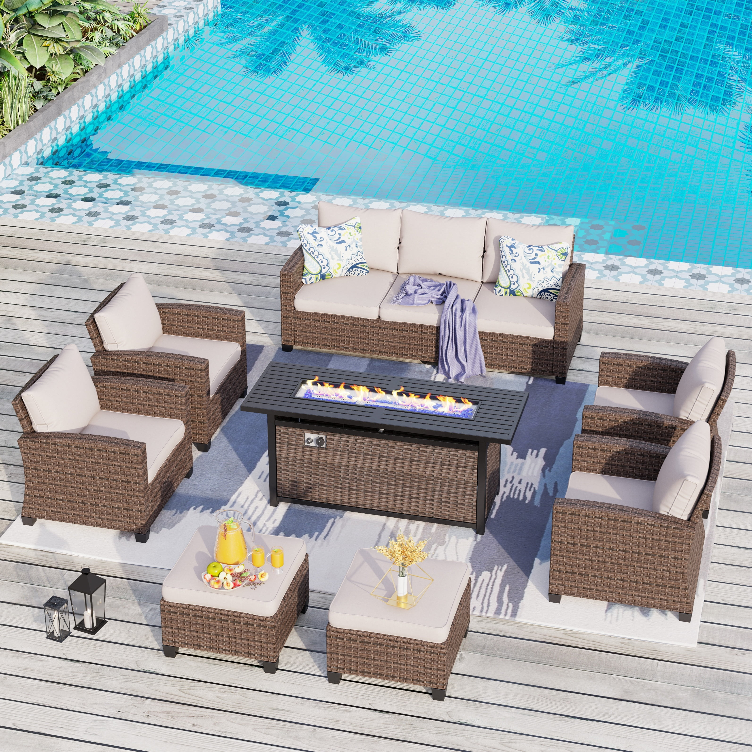 MAISON ARTS 7/9-Seat Patio Furniture Wicker Rattan Outdoor High-back Sectional Sofa Conversation Set with Firepit Table 9 Seats + 56" Fire Pit - Beige