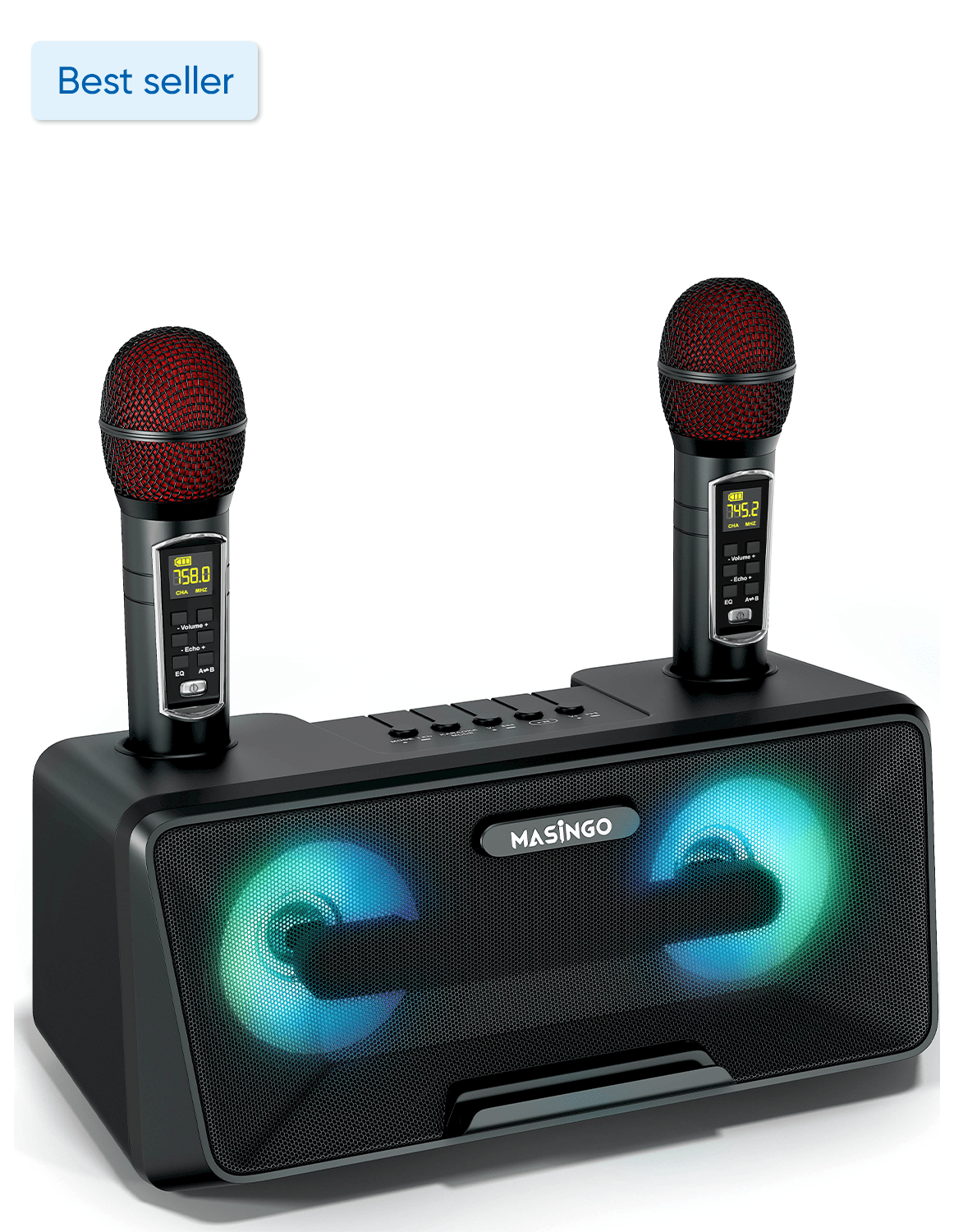 MASINGO Karaoke Machine for Adults and Kids with 2 Wireless Microphones, Portable Bluetooth Singing Speaker, Colorful LED Lights, PA System, Lyrics Display Holder & TV Cable - Presto G2 (Black)