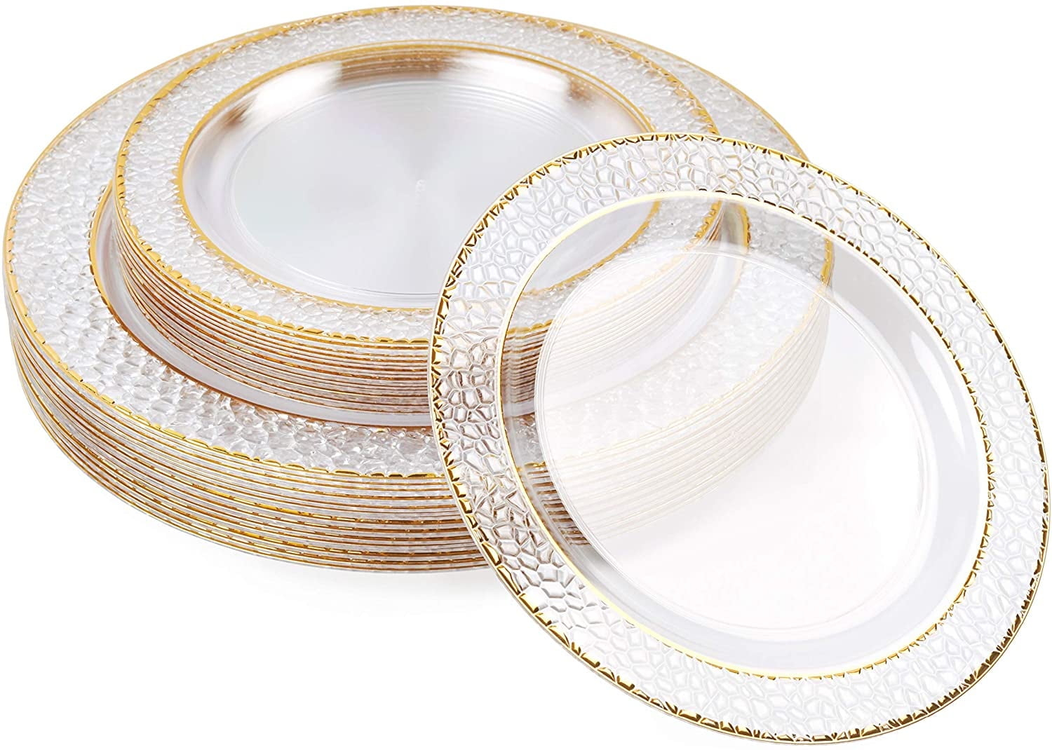MATANA 40 Clear Plastic Party Plates with Hammered Gold Rim - 20 Dinner Plates 10.25 Inch + 20 Salad Dessert Appetizer Plates 7.5 Inch, Heavy Duty, Reusable for Parties, Wedding