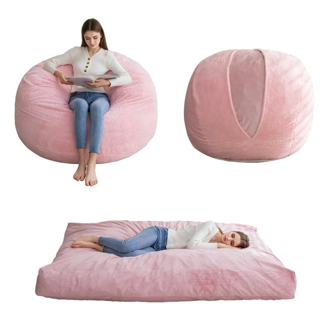 MAXYOYO Bean Bag Chair Bed,Convertible Bean Bag Folds from Lazy Chair to Floor Mattress Bed,Floor Sofa Filled with High-Density Memory Foam Blocks,Suitable for Adults,Couples,Families,Queen,Pink