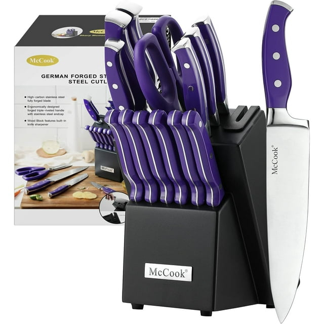 MC27 14 Pieces Stainless Steel kitchen knife set with Wooden Block, Kitchen Scissors and Built-in Sharpener, Purple