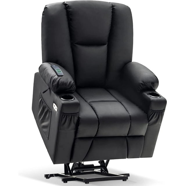 MCombo Electric Power Lift Recliner Chair with Extended Footrest for Elderly People, 3 Positions, Hand Remote Control, 2 Cup Holders, USB Ports, Faux Leather 7507 Black