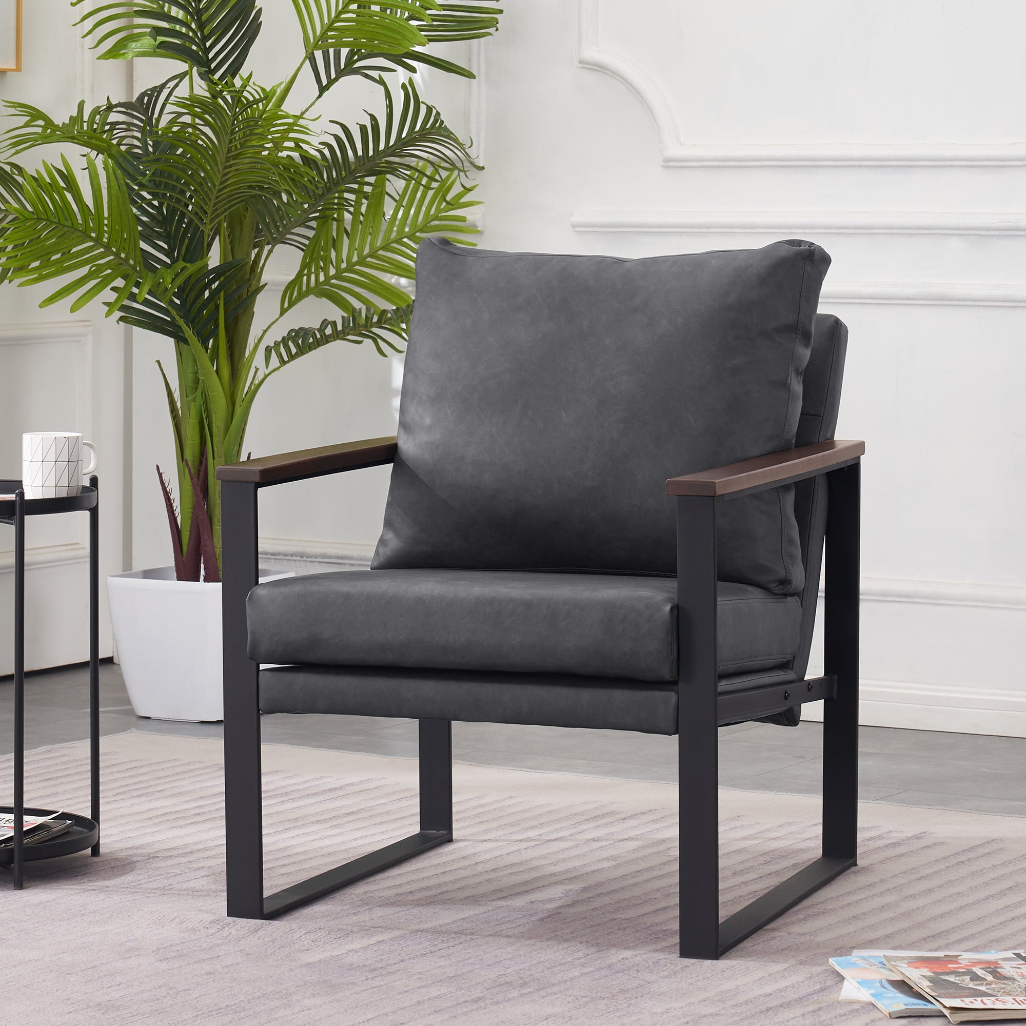 MCombo Modern Accent Chair, Armchair with Upholstered Cushion for Living Room Bedroom,  Faux Leather(Dark Grey)