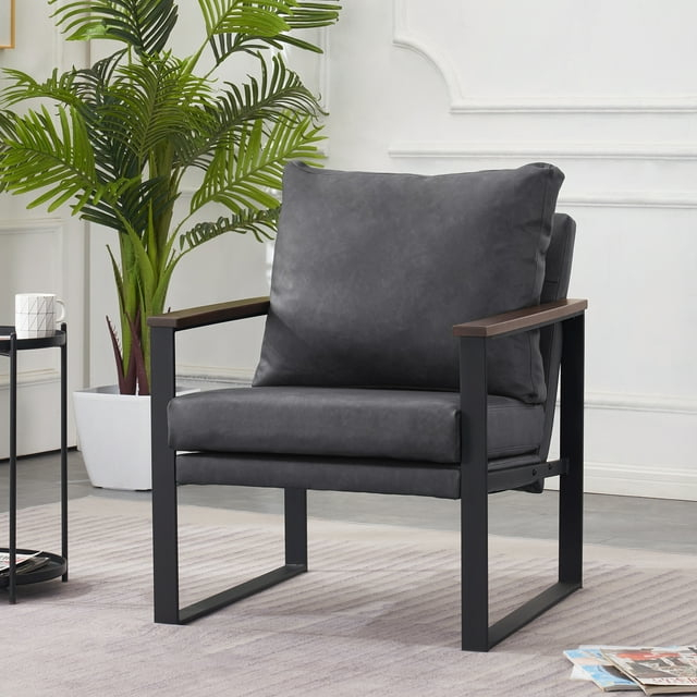 MCombo Modern Accent Chair, Armchair with Upholstered Cushion for Living Room Bedroom,  Faux Leather(Dark Grey)