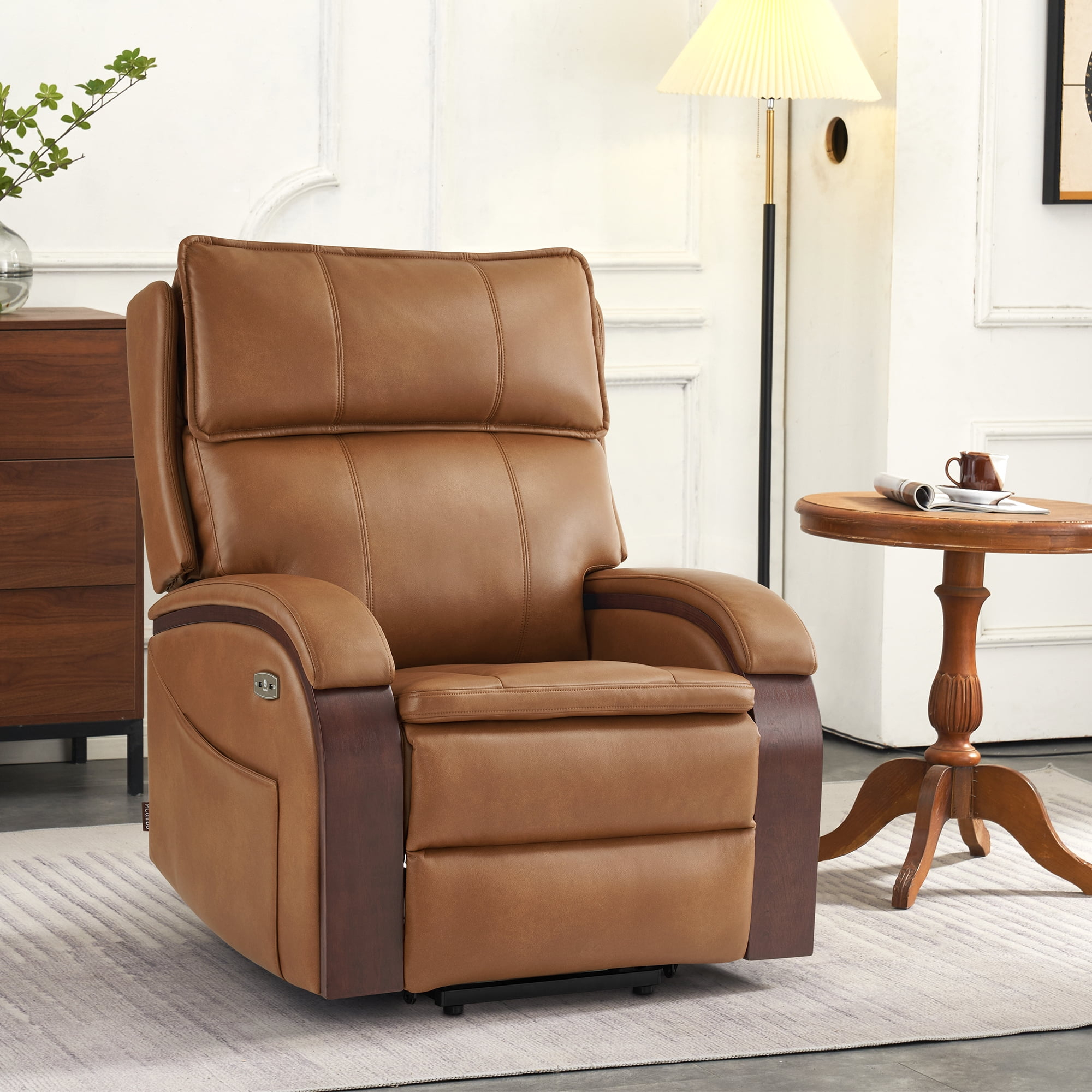 MCombo Power Lift Recliner Chair Sofa with Massage and Heat, Adjustable Headrest for Elderly People, Solid Wood Armrest, USB Ports, Side Pockets, Breathable Leather 7917 (Tawny, Medium)