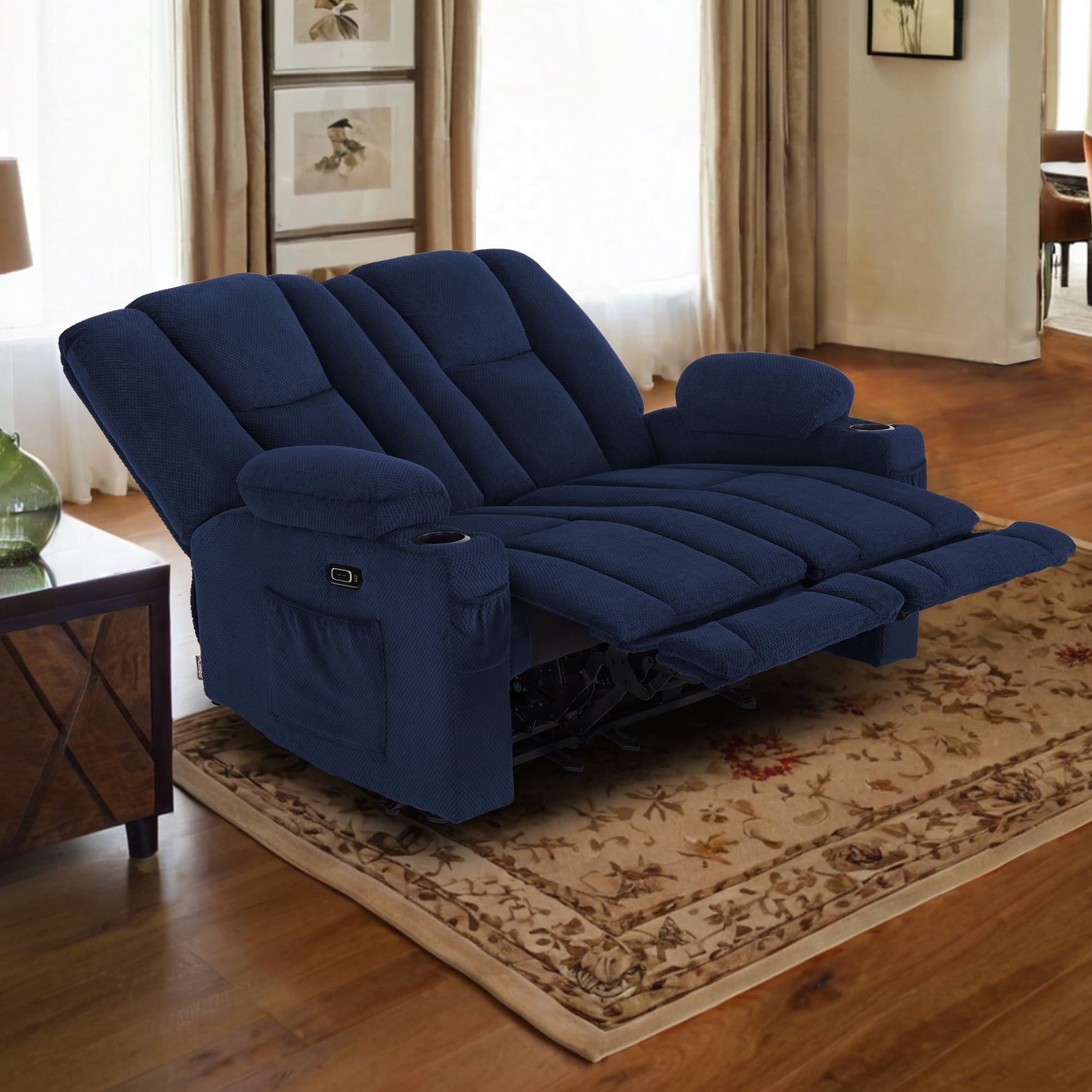MCombo Power Loveseat Recliner w/ Massage USB Port for Living Room Navy Blue Fabric 6025