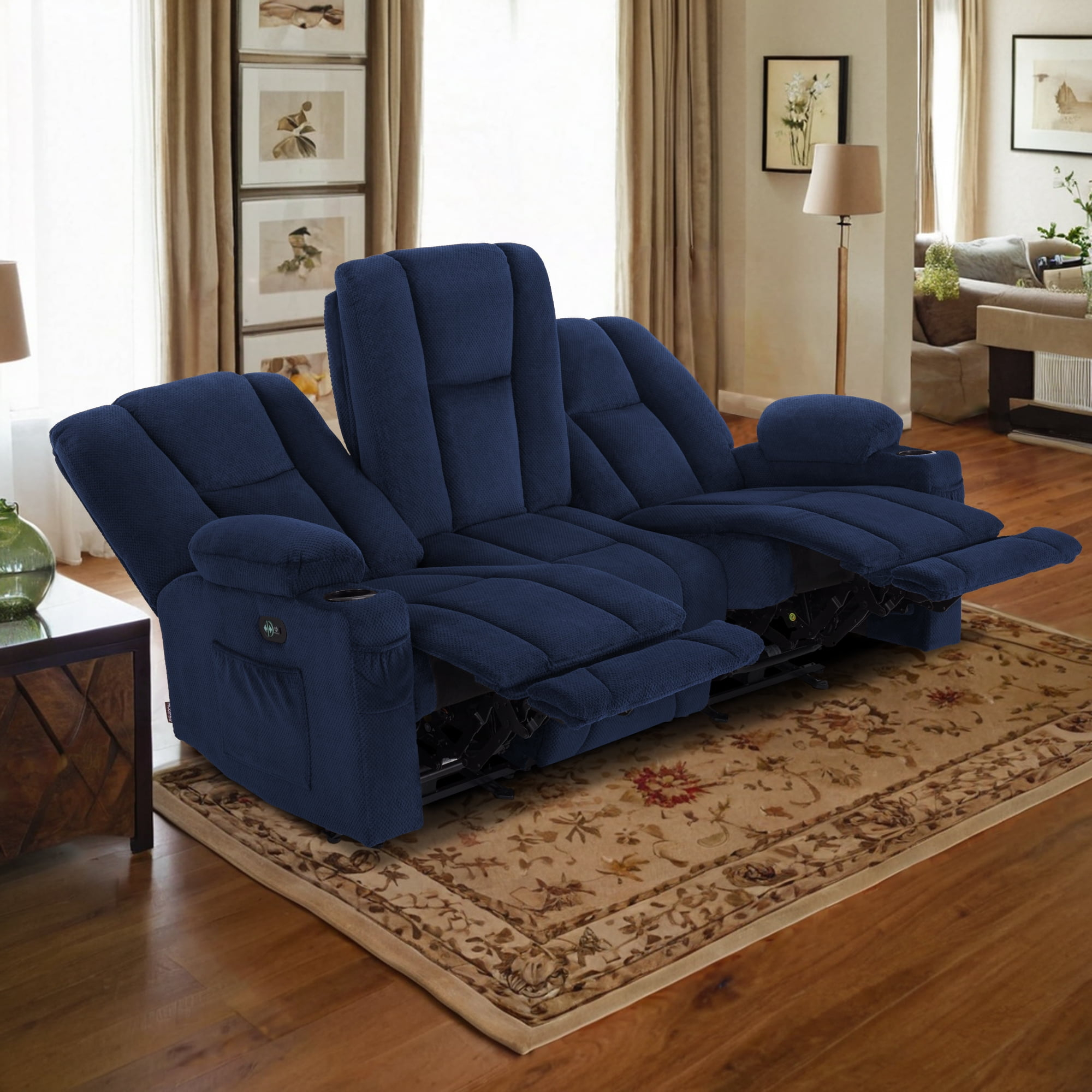 MCombo Power Reclining Sofa w/ Massage USB Ports for Living Rooom Navy Blue Fabric 6015