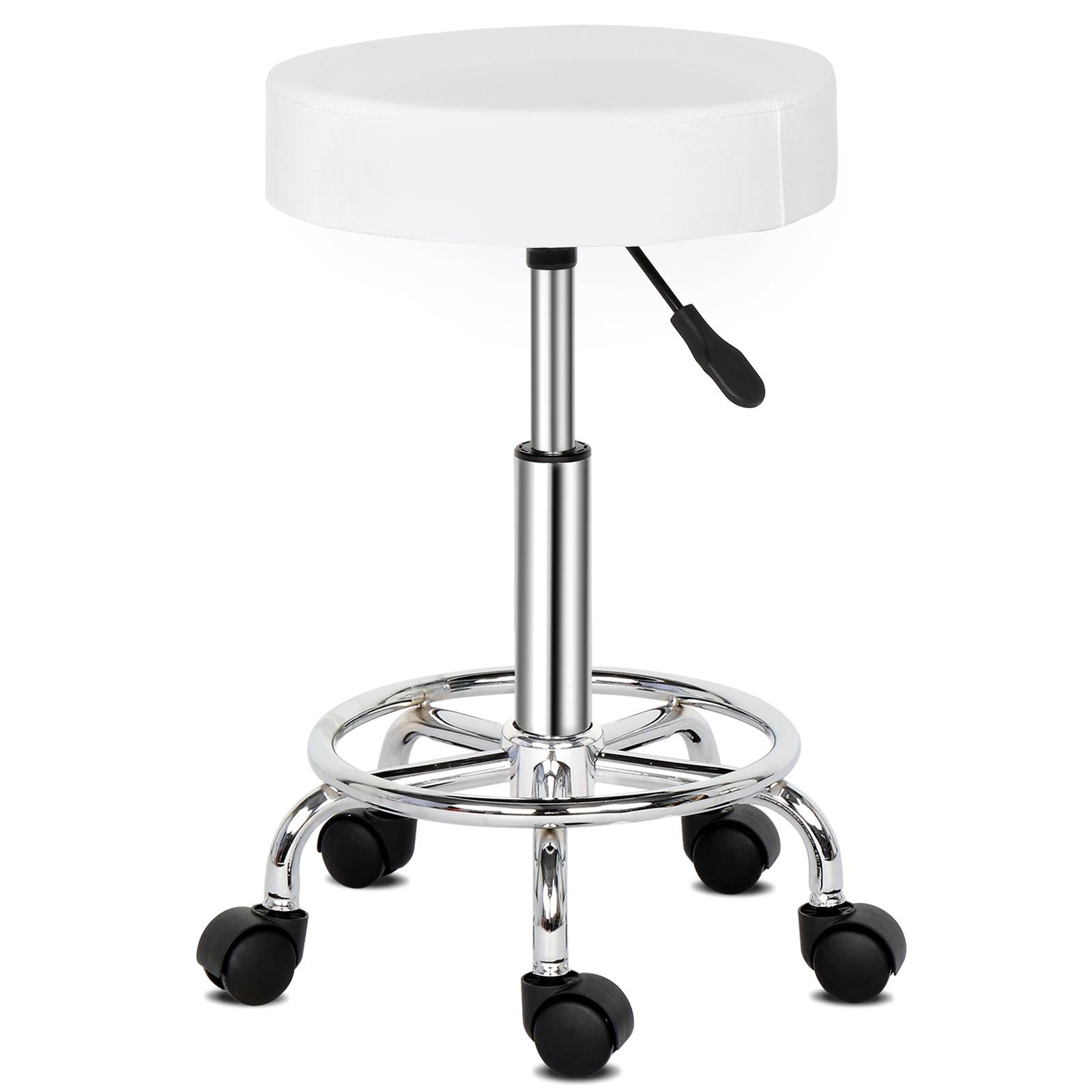 MDHAND Adjustable Swivel Round Bar Stool, PU Leather Hydraulic Rolling Facial Massage Tattoo Spa Chair, 5 Wheel Rotate 360 Degrees, White