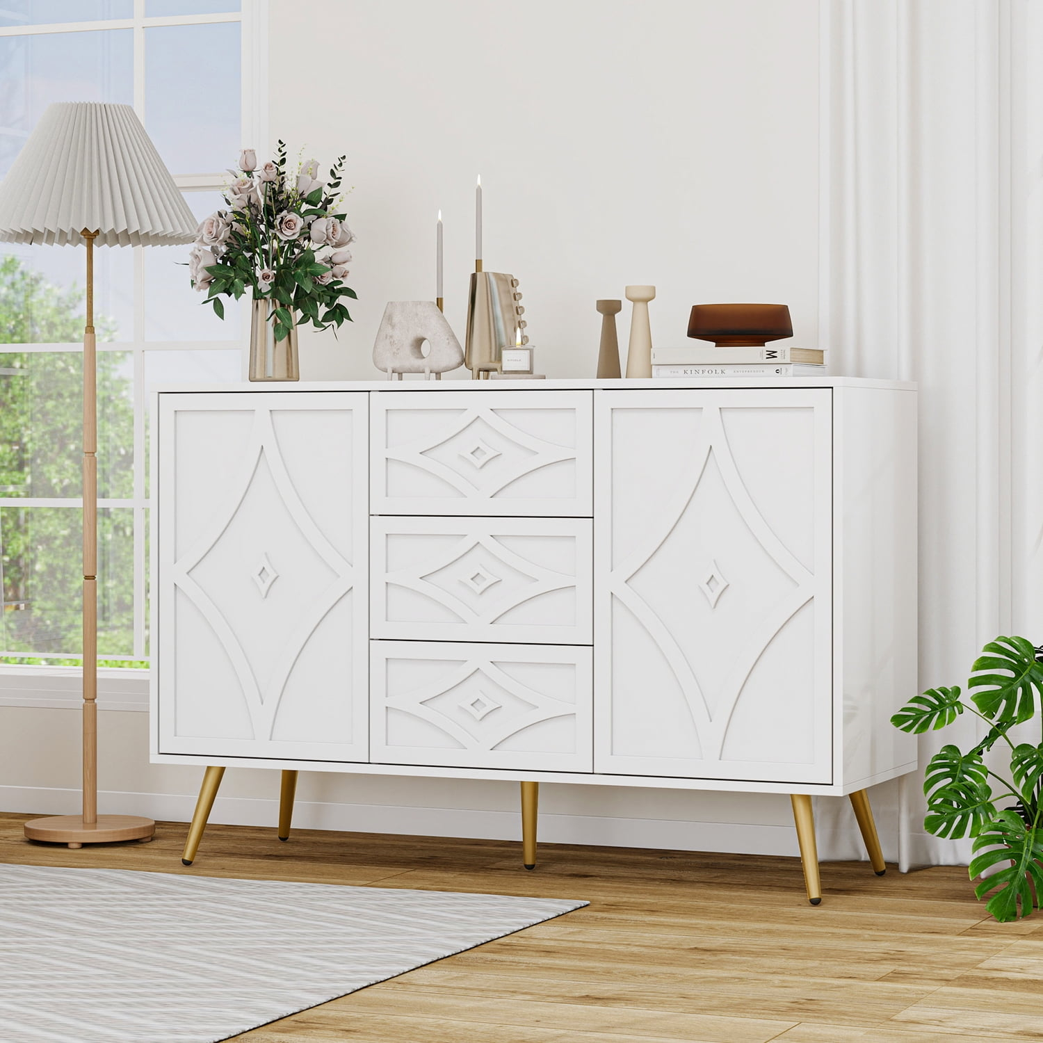 MDQMD White 47" Sideboard Buffet Cabinet, Food Pantry Cabinet with 3 Drawer 2 Diamond-Carved Door and Adjustable Shelf,for Kitchen, Living Room