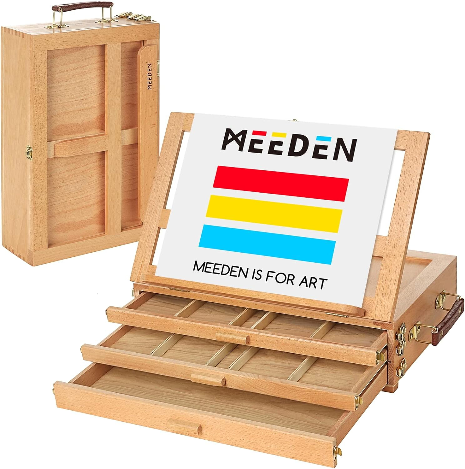 MEEDEN Large Adjustable Artist Tabletop Sketchbox Easel- Multi-Function Solid Beech Wood Storage Box Easel with 3-Drawer for Artist, Art Students & Beginners