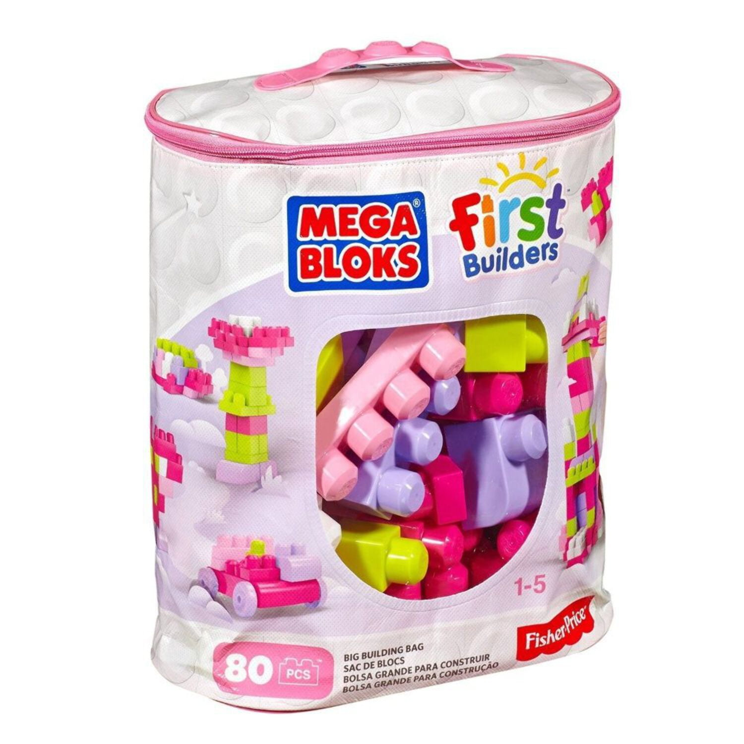 MEGA BLOKS Fisher-Price Toy Blocks Big Building Bag with Storage (80 Pieces) for Toddler, Pink