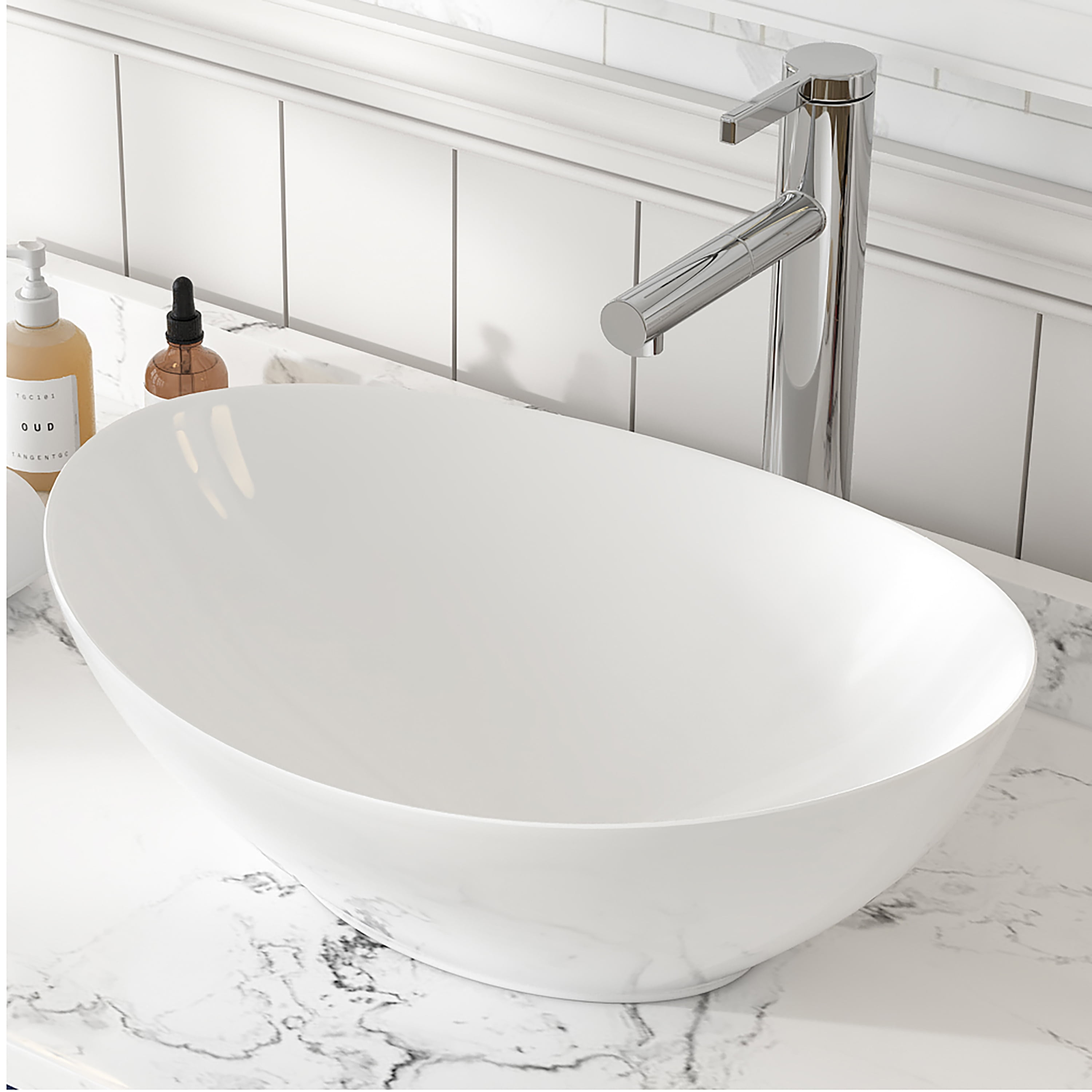 MEJE 16x13-inch Oval White Ceramic Vessel Sink,Modern Egg Shape Bowl, Above Counter Bathroom Vanity Sink