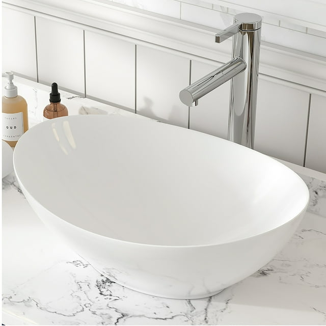MEJE 16x13-inch Oval White Ceramic Vessel Sink,Modern Egg Shape Bowl, Above Counter Bathroom Vanity Sink