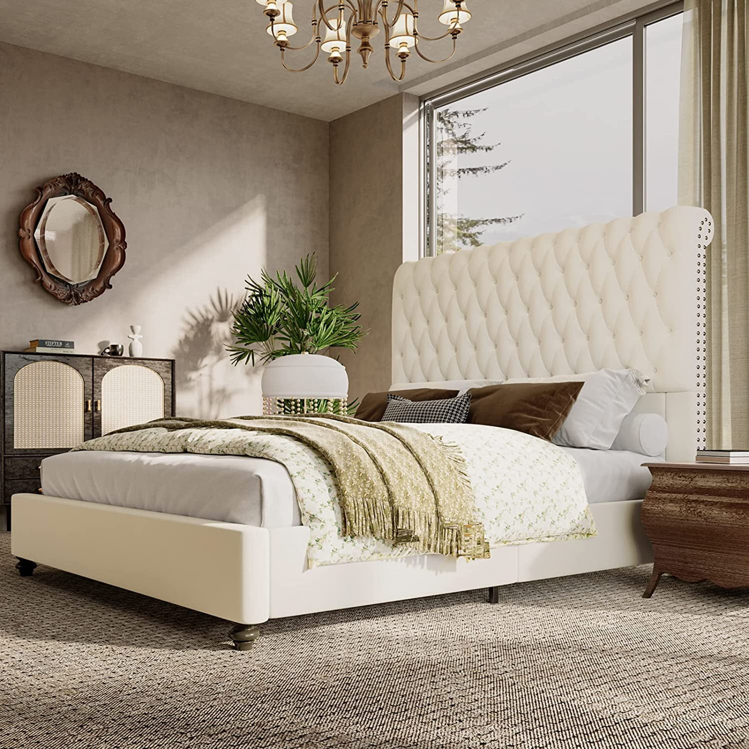 MERLUXY Upholstered King Bed Frame with Velvet Tufted Sleigh Headboard,Cream
