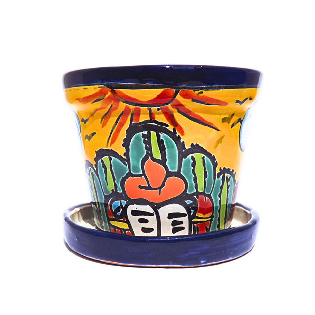 MEXTEQUIL 4" x 4" x 4" Round Yellow Ceramic Talavera Design Plant Pot with Drainage Holes