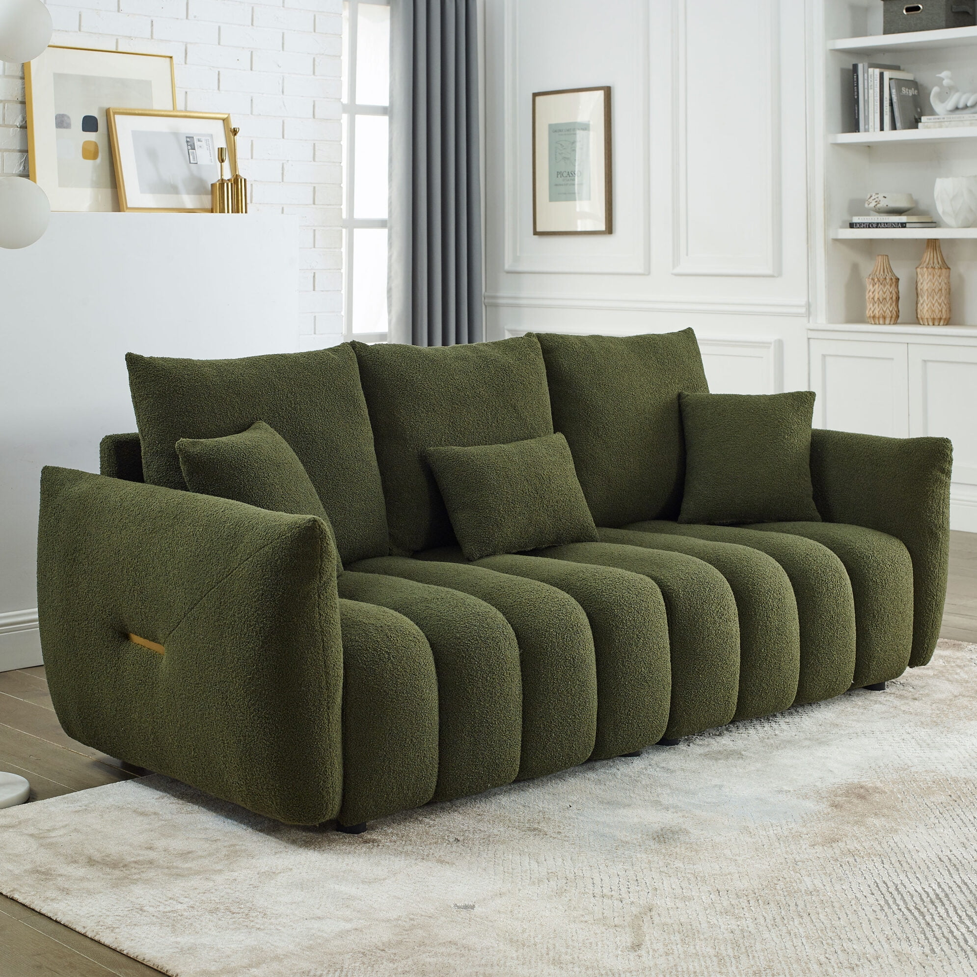 LUCKHAO  82" Modern Couch Premium Teddy fabric Sofa with 3 Back Pillows and 3 back Cushions Solid Wood Frame 3-Seater Sofa, Oversized Upholstered Chair for Living Room, Bedroom, Apartment and Office