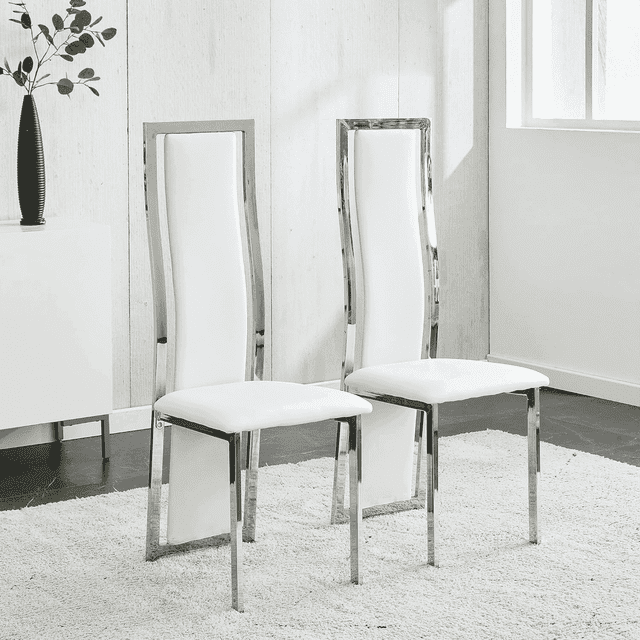 MIFI White Velvet Dining Chairs Set of 2, High-back , Kitchen & Dining Room Chairs , Sillas De Comedor ,Fabric Upholstered, Silver Chrome Metal Legs (White, 2 Pcs)
