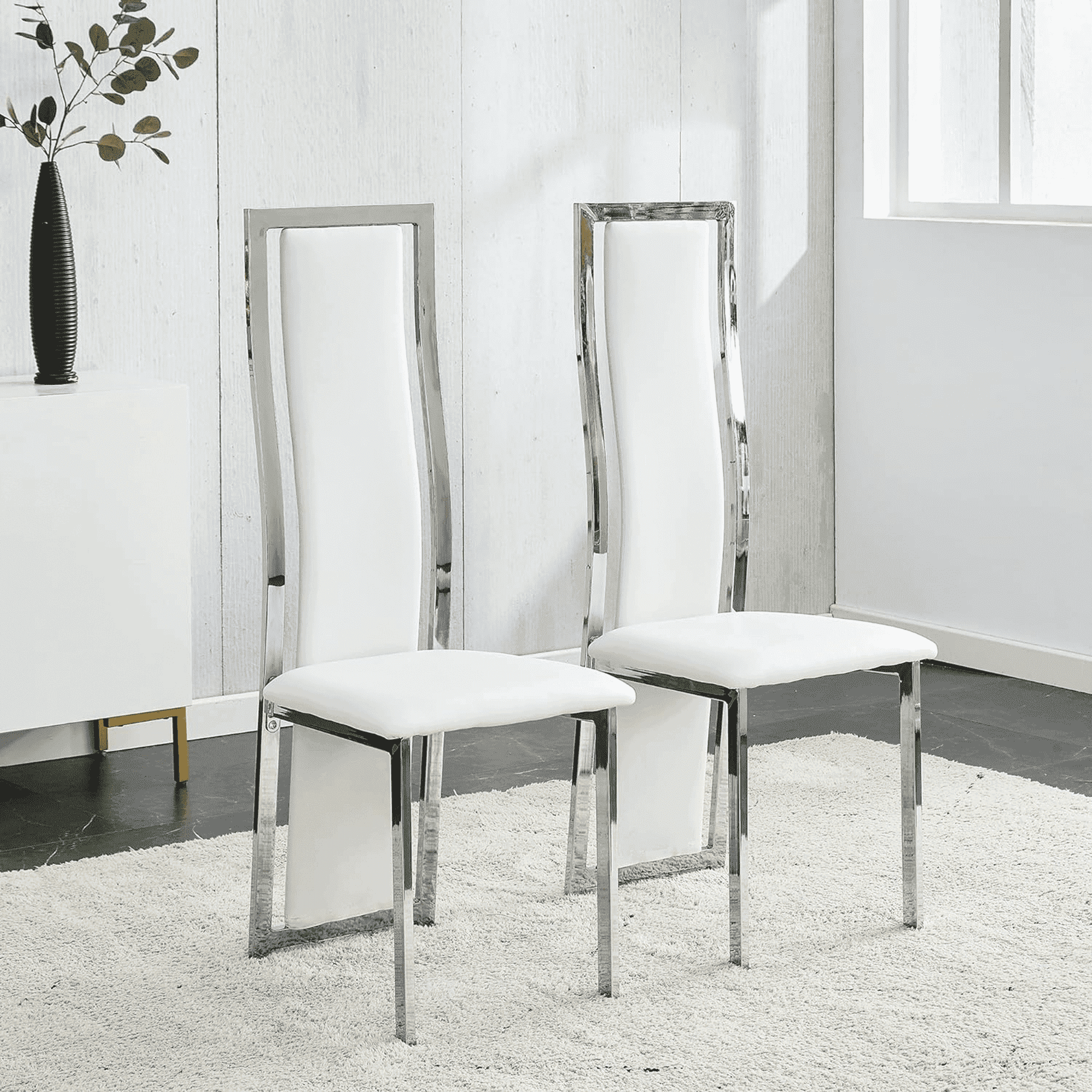 MIFI White Velvet Dining Chairs Set of 2, High-back , Kitchen & Dining Room Chairs , Sillas De Comedor ,Fabric Upholstered, Silver Chrome Metal Legs (White, 2 Pcs)