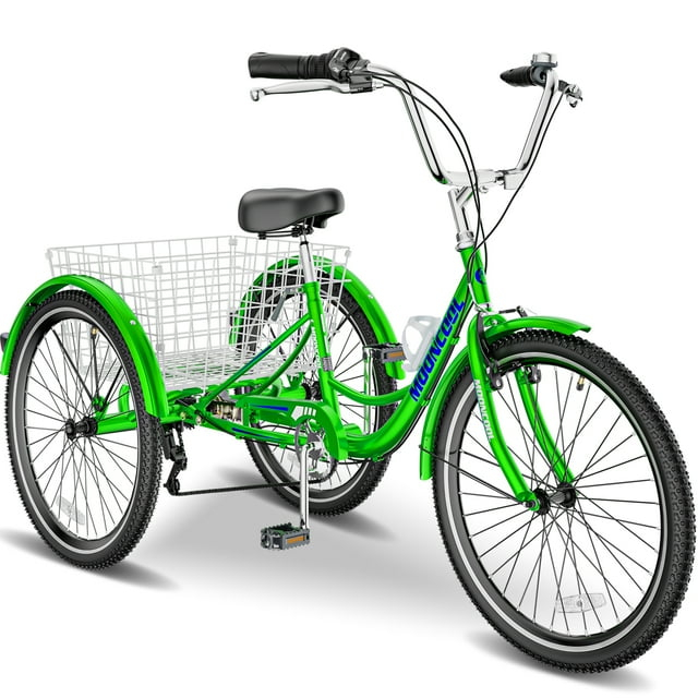MOPHOTO Adult Tricycles 3 Wheel 7 Speed Trikes, 24 inch with Big Basket for Shopping, Picnics Exercise Men's Women's Cruiser Bike