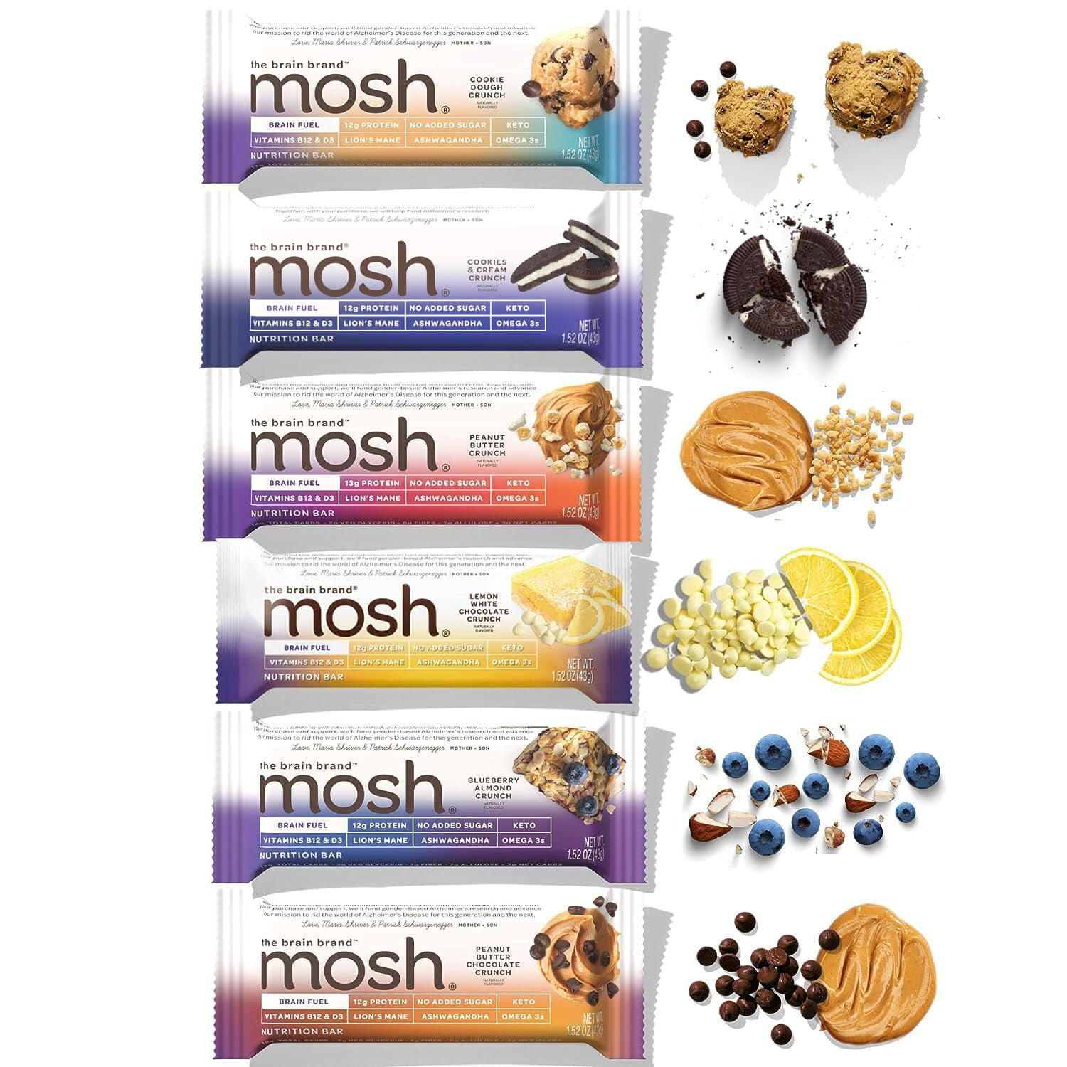 MOSH Variety Pack Protein Bars, 6pk, Keto Snack, Gluten-Free, No Added Sugar, 12g Whey Protein, Lion's Mane, B12 Vitamins, Supports Brain Health, Breakfast To-Go (Flavors may vary)